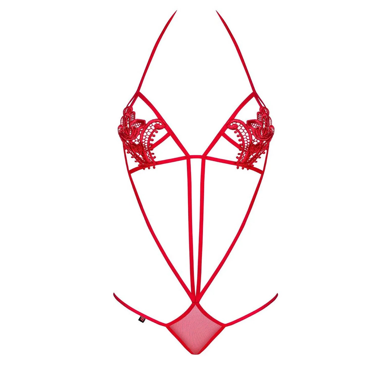 Body rouge Obsessive 230100 en filet et lanières, applications florales, ventre découvert, ajustable cou et dos.