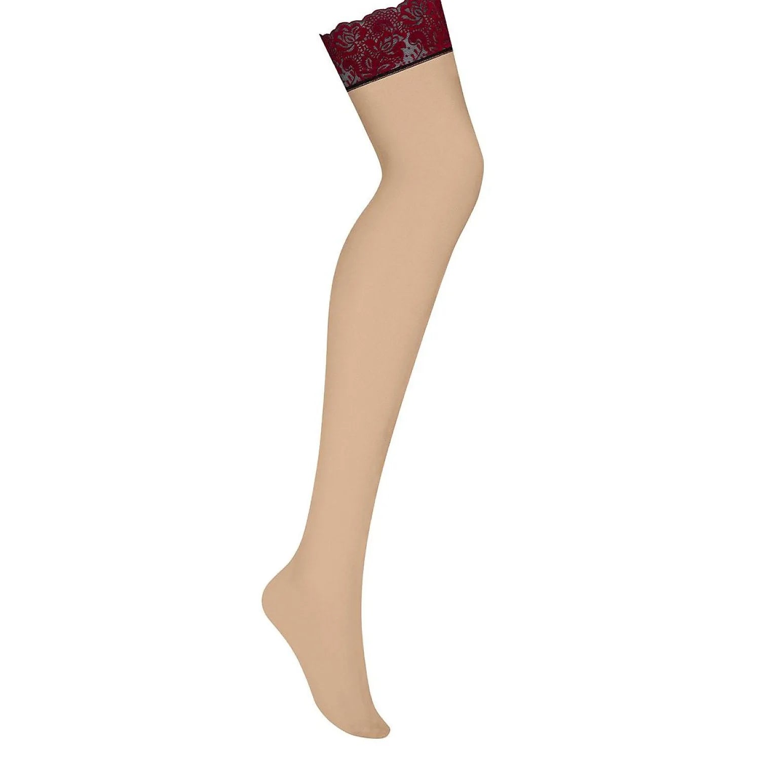 Bas Sugestina chair avec dentelle bordeaux et tissu noir, motif floral velouté, effet jambes minces et élégantes.