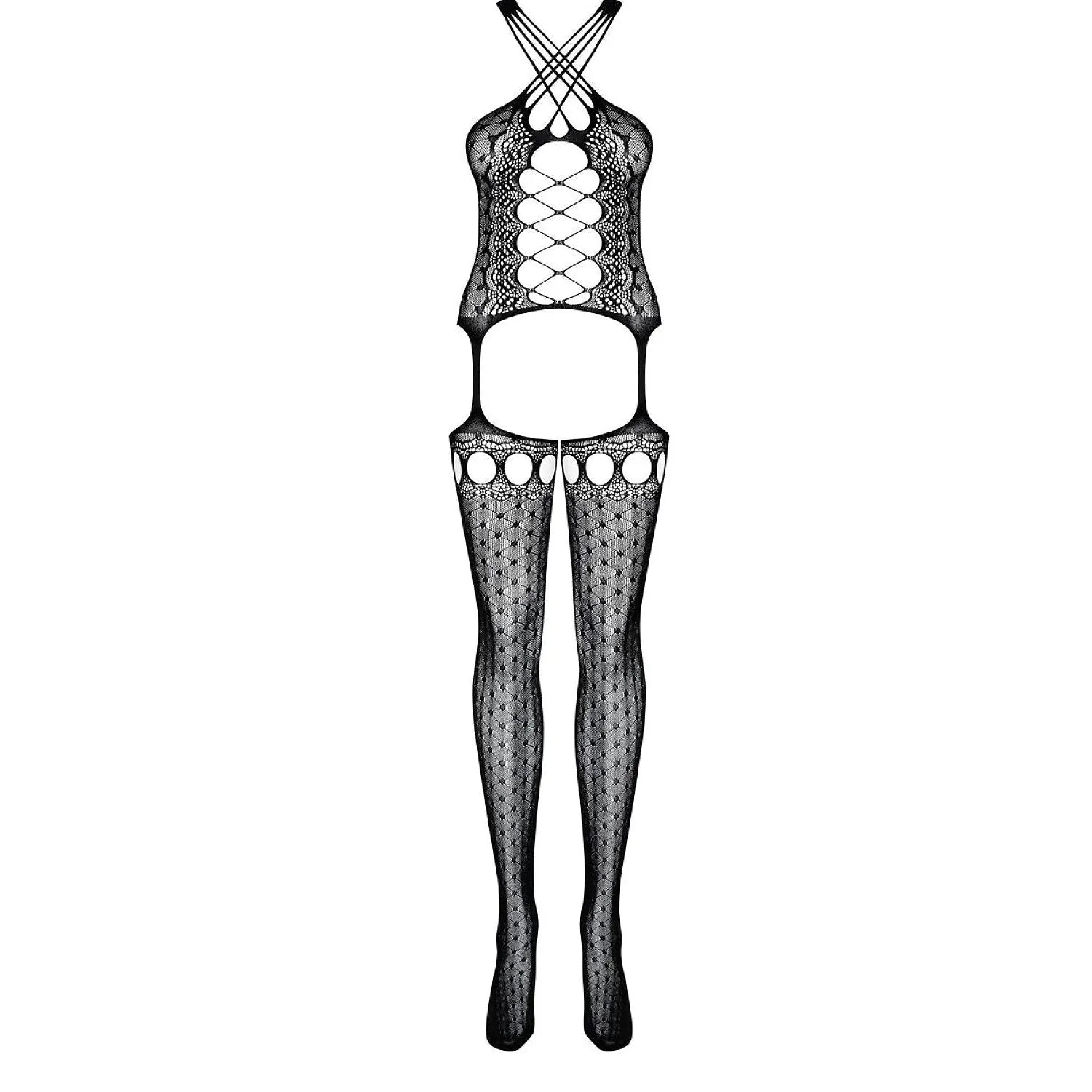 Bodystocking noir ajouré avec bretelles fines, motifs séduisants, effet porte-jarretelles, tissu élastique et transparent.