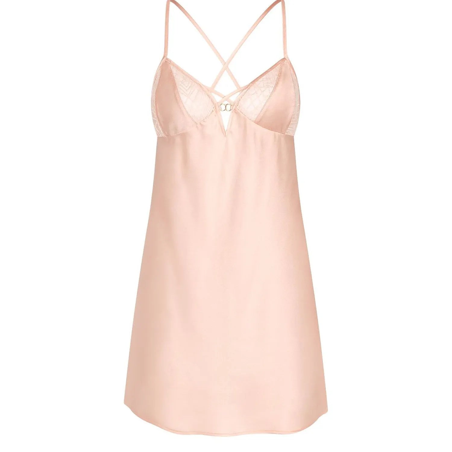 Chemise de nuit satin pêche Triumph, bretelles fines, dentelle décolleté, élégance féminine, confort doux et lisse.
