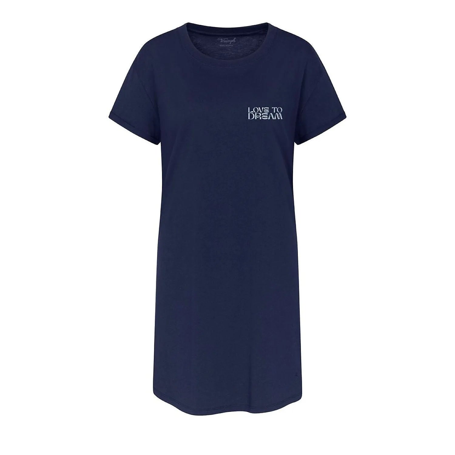 Chemise de nuit bleue Triumph à manches courtes, tissu doux, coupe ample, inscription Love to Dream sur la poitrine.