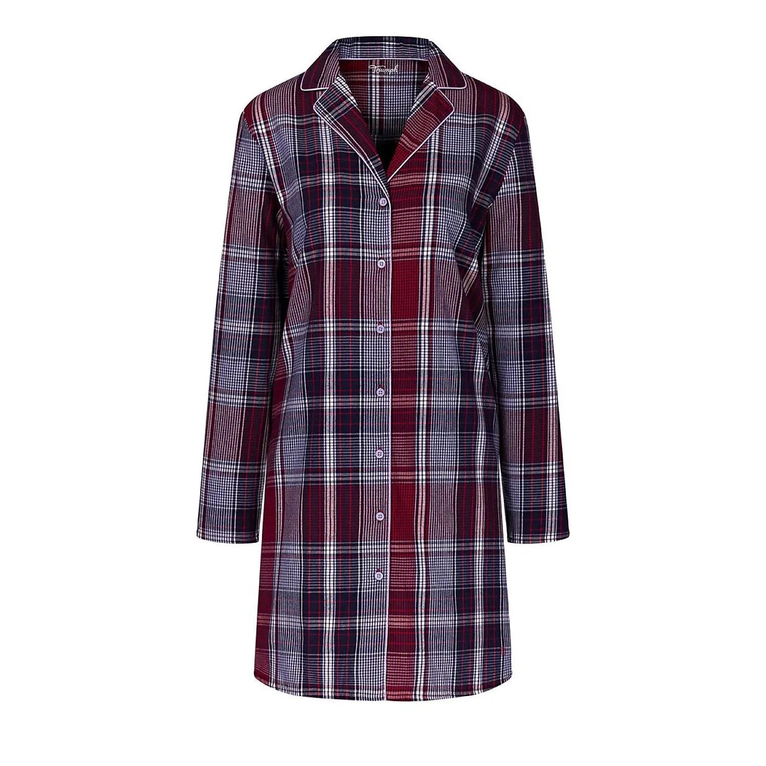 Chemise de nuit ample à carreaux rouges et bleus, manches longues, col classique, en coton bio pour confort optimal.
