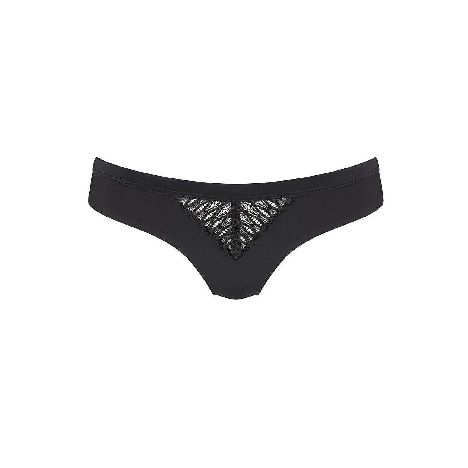 Culotte brésilienne noire en microfibre douce, détails en dentelle à l'avant, coupe flatteuse et élégante.