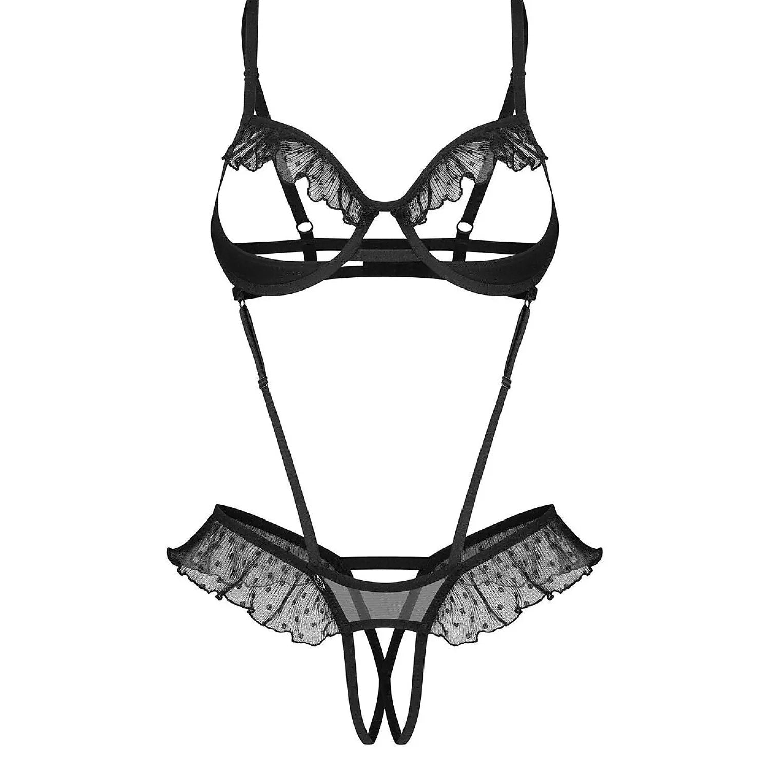 Body noir Obsessive 230586, maille transparente à pois, bonnets ouverts, volants subtils, armatures pour maintien.