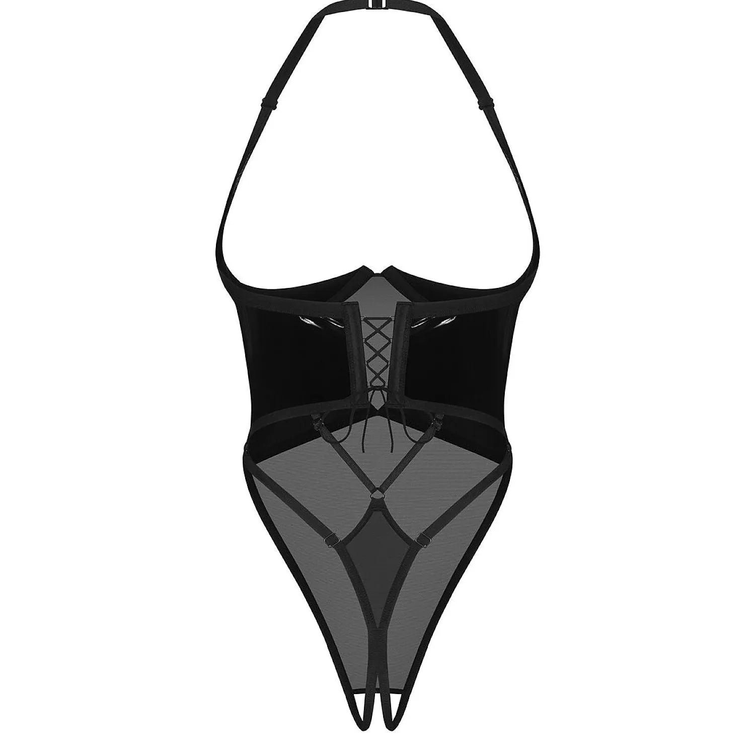 Body noir Obsessive Rolleya, filet transparent, inserts brillants latex, bonnets ouverts, armatures, style moderne.