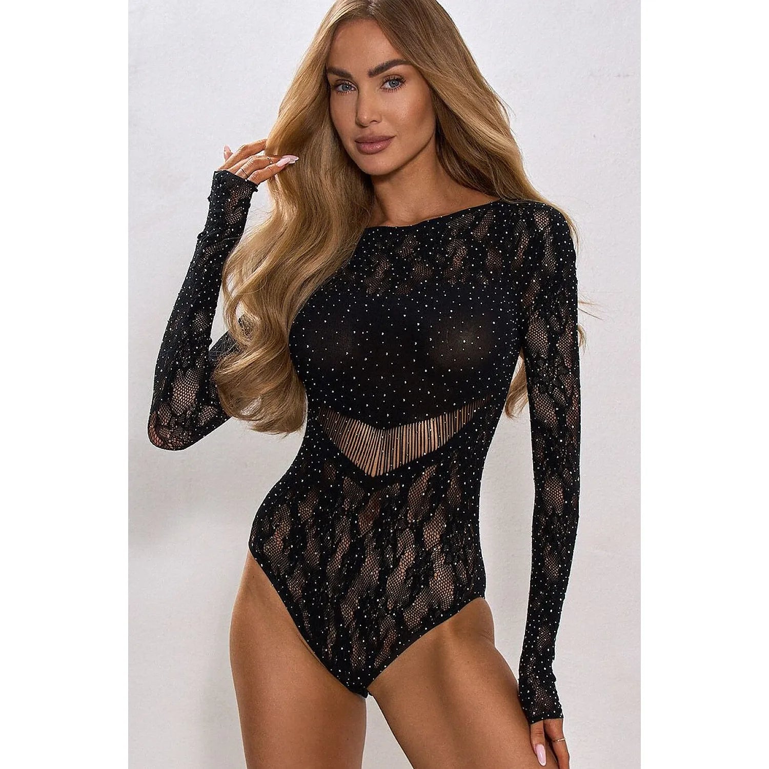 Body dentelle noir luxe cristaux brillants femme élégante soirée SILVER NIGHT