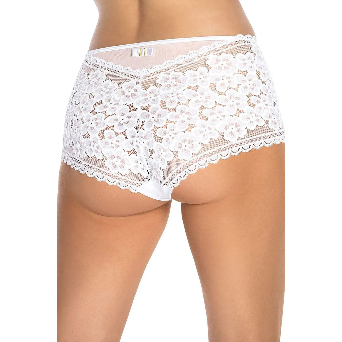Culottes hautes blanches en dentelle florale, taille haute, nœud décoratif arrière, style élégant et féminin.