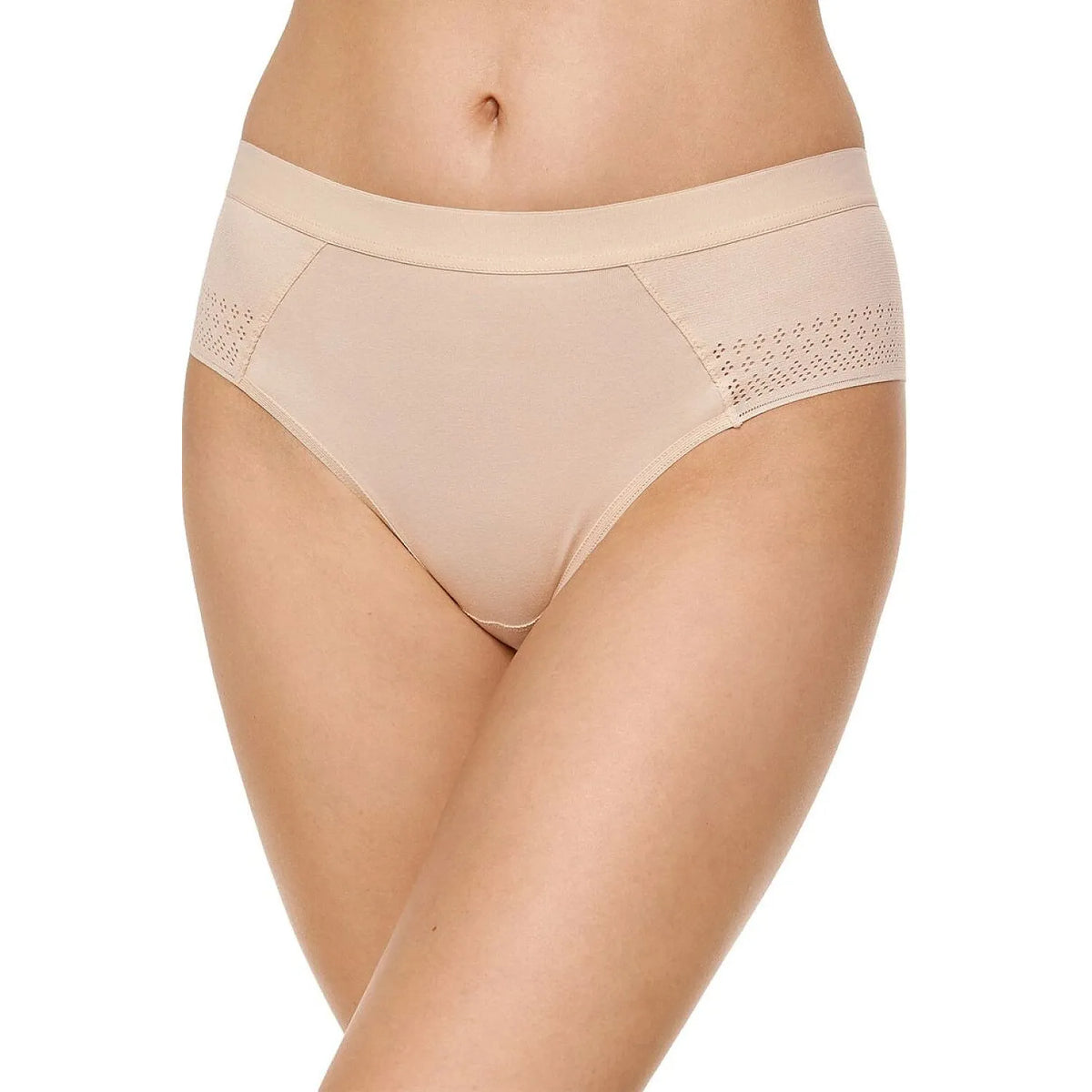 Ensemble de 3 strings Olga beige avec insertions ajourées, ceinture élastique large, coton respirant et confortable.