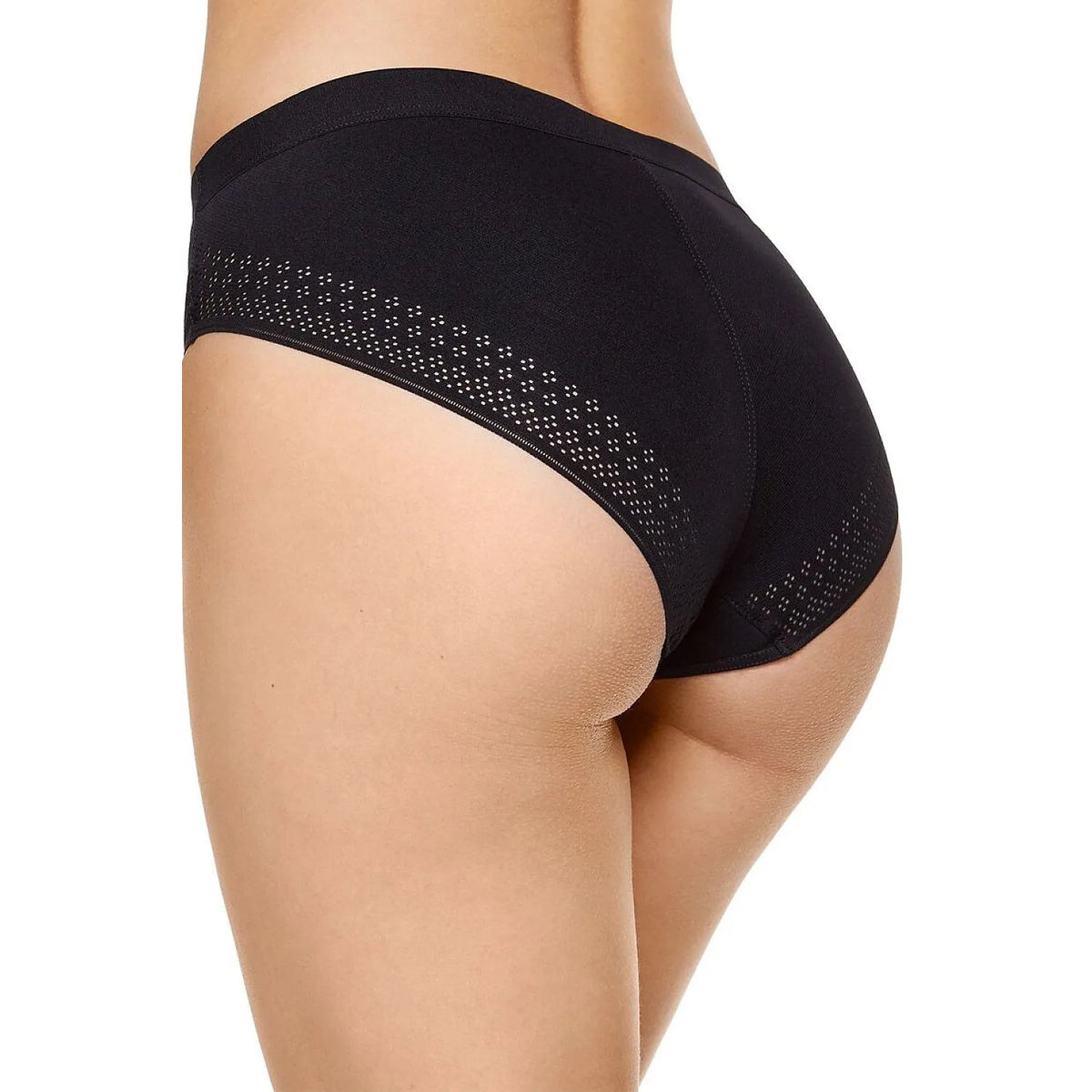 Culottes noires Gorteks avec inserts ajourés sur les côtés, coupe classique, ceinture élastique large, confort quotidien.