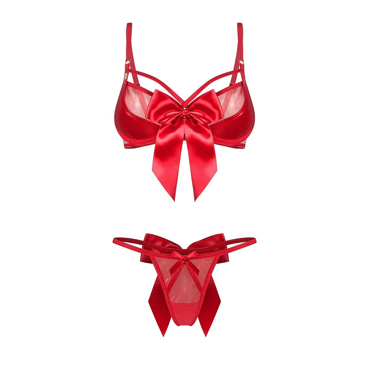Ensemble lingerie rouge Obsessive avec soutien-gorge à armatures, strings échancrés et nœuds satinés décoratifs.