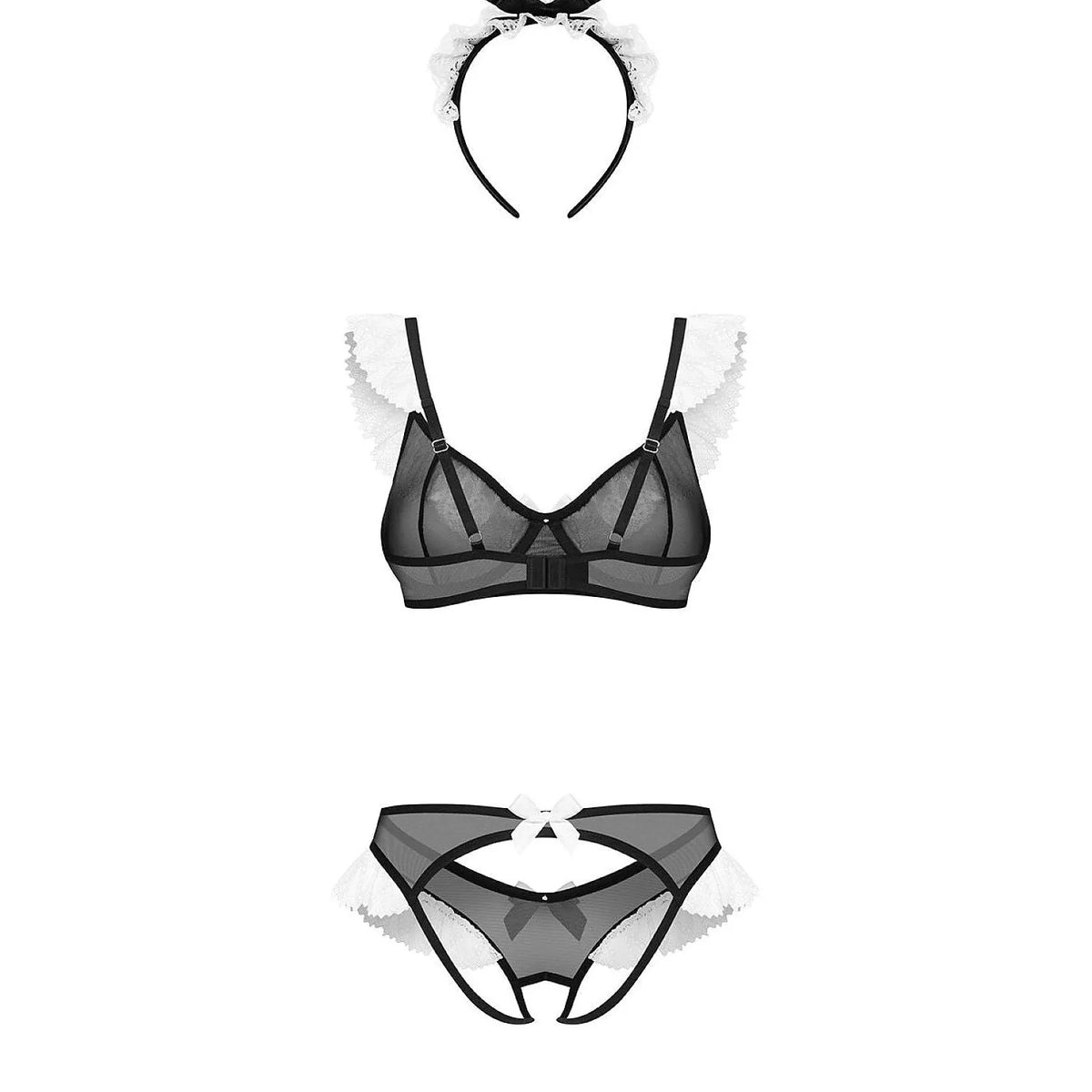 Costume femme de chambre érotique, filet transparent, dentelle, nœuds satin, soutien-gorge armatures, ensemble trois pièces.