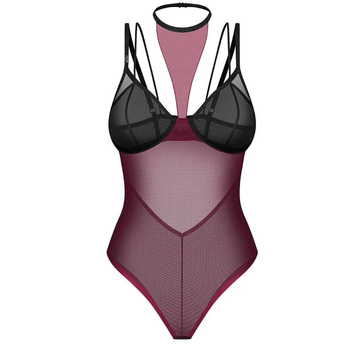 Body bordeaux en mesh semi-transparent avec détails noirs, décolleté profond, choker intégré et bretelles réglables.