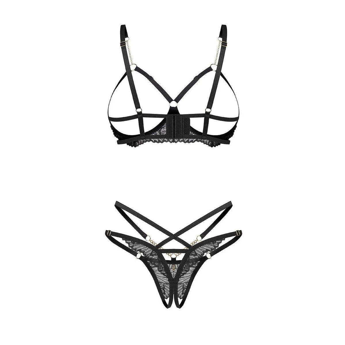 Ensemble lingerie noir Obsessive 232138 avec dentelle, lanières délicates, détails dorés, soutien-gorge ouvert et string.