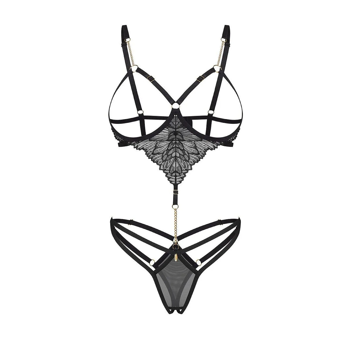 Body Matildea en dentelle noire avec bonnets ouverts, filet transparent et chaîne bijoutée, soulignant la silhouette.