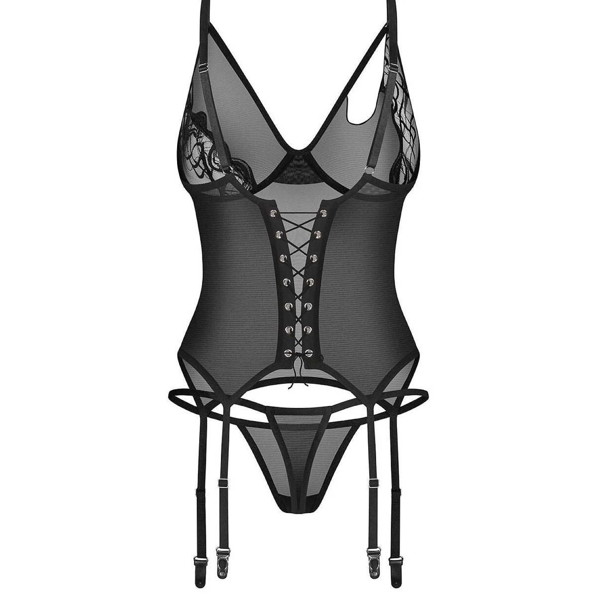 Ensemble lingerie noir Saturis avec corset asymétrique, dentelle, bonnets à armatures, et strings assortis.
