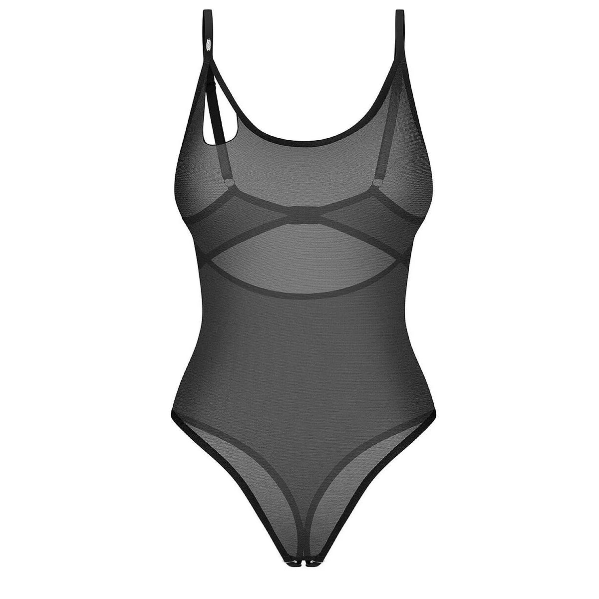 Body noir féminin Obsessive 232360, design moderne avec découpes asymétriques, matériau transparent et bordures décoratives.