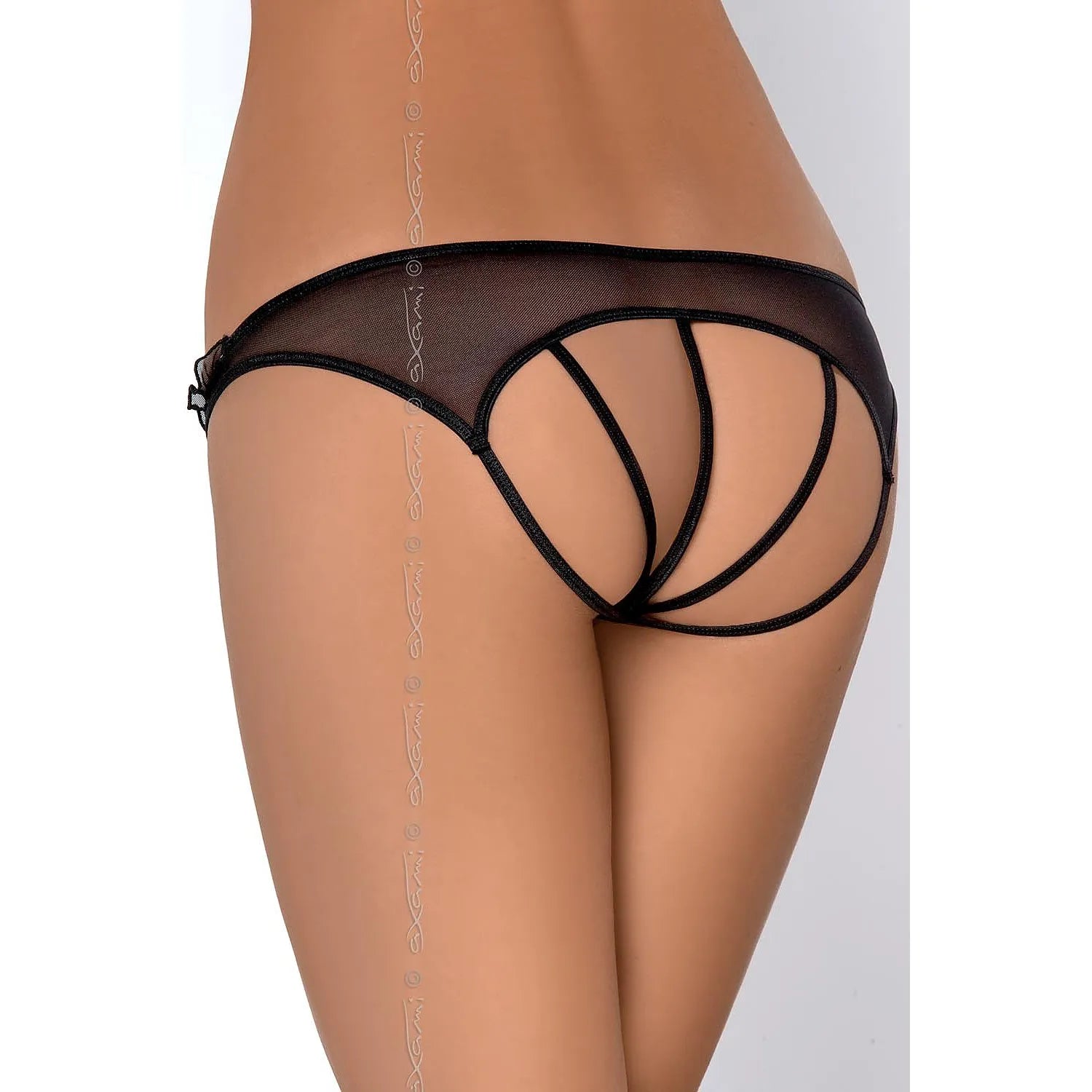 Culotte ouverte noire en tulle avec volants et rayures satin, design sexy Axami, confort extensible et finition élégante.