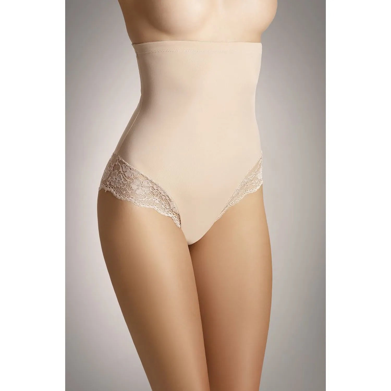 culotte taille haute galbante dentelle silicone maintien anti glisse polyamide elasthanne bord finitions jambe allongée silhouette sculptante élégante beige Eldar