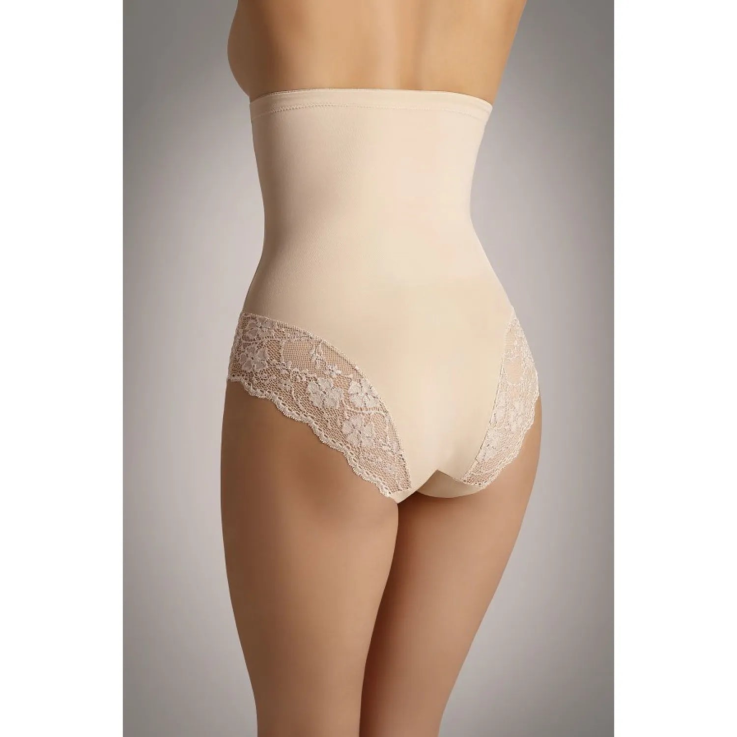Culotte beige taille haute galbante Eldar, dentelle silicone, maintien anti-glisse, silhouette sculptante élégante.