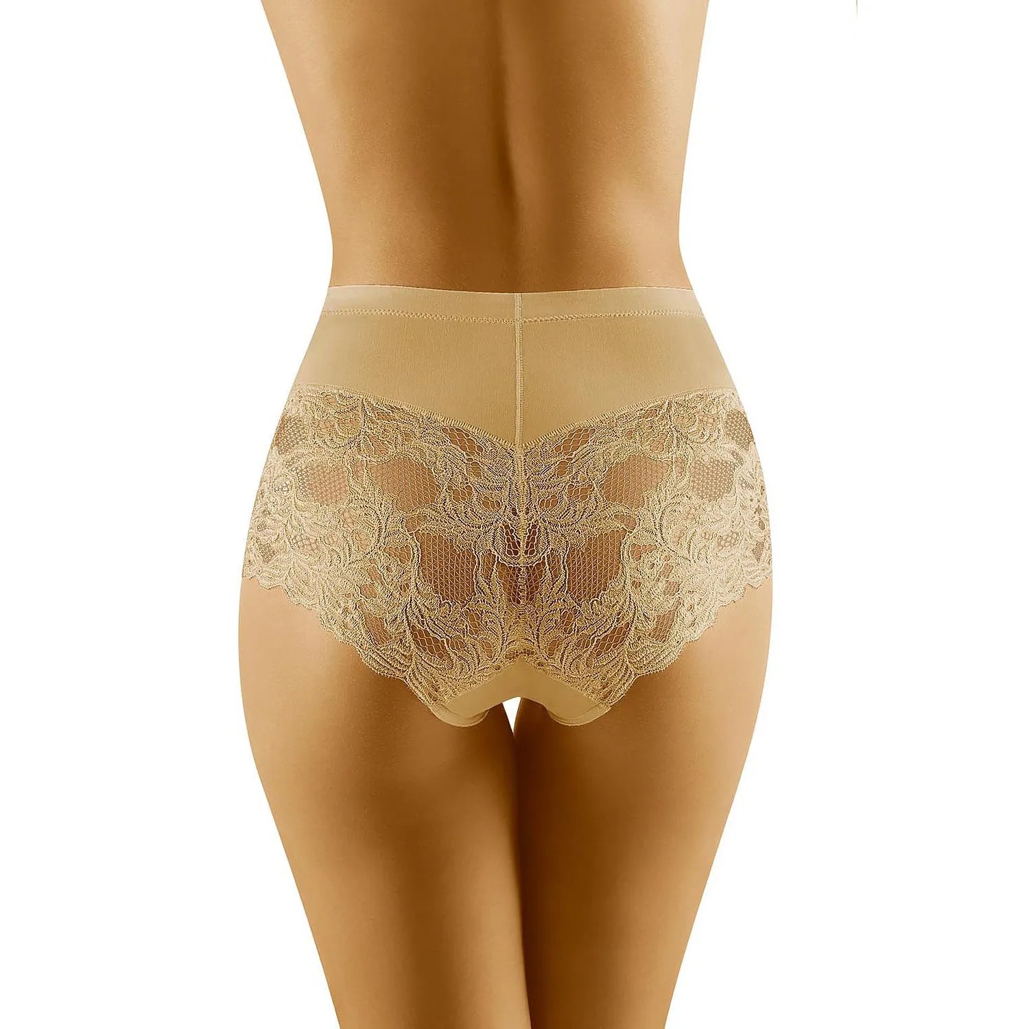 Culotte beige en dentelle ajourée haute, affinante et sculptante, élégante et confortable, vue arrière.