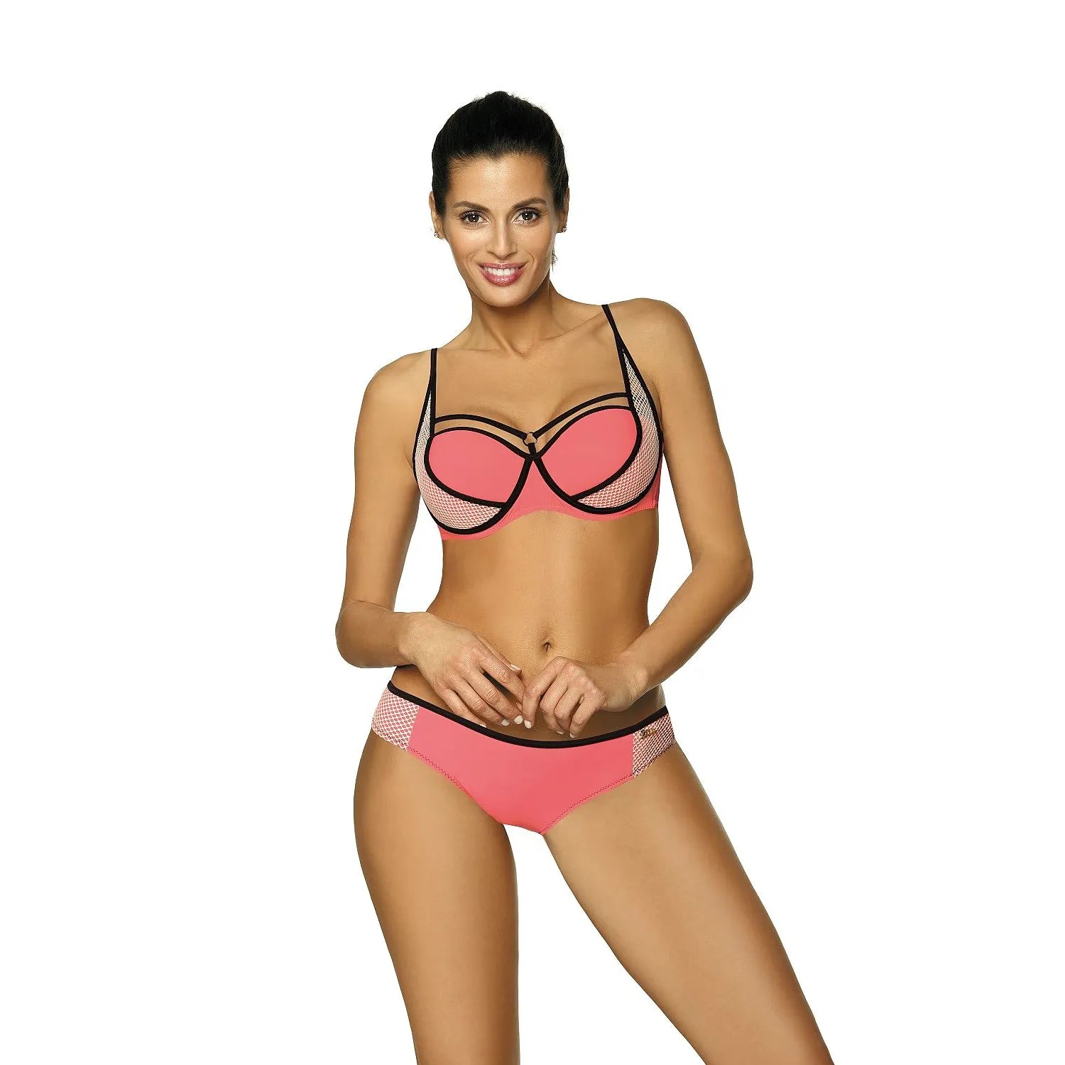 Bikini deux pièces corail et noir Marko 116579, bonnets rembourrés, armatures, bretelles fines, coutures renforcées.