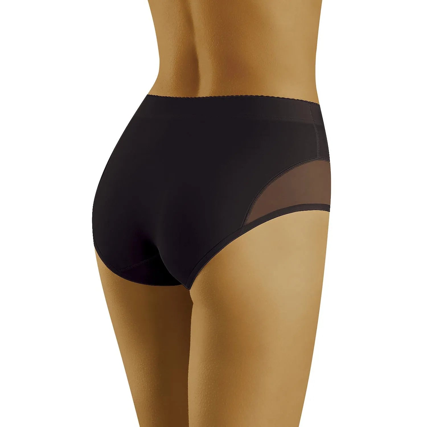 Culotte noire galbante, lisse et féminine, offrant maintien ventre et hanches, idéale pour l'été, vue de dos.