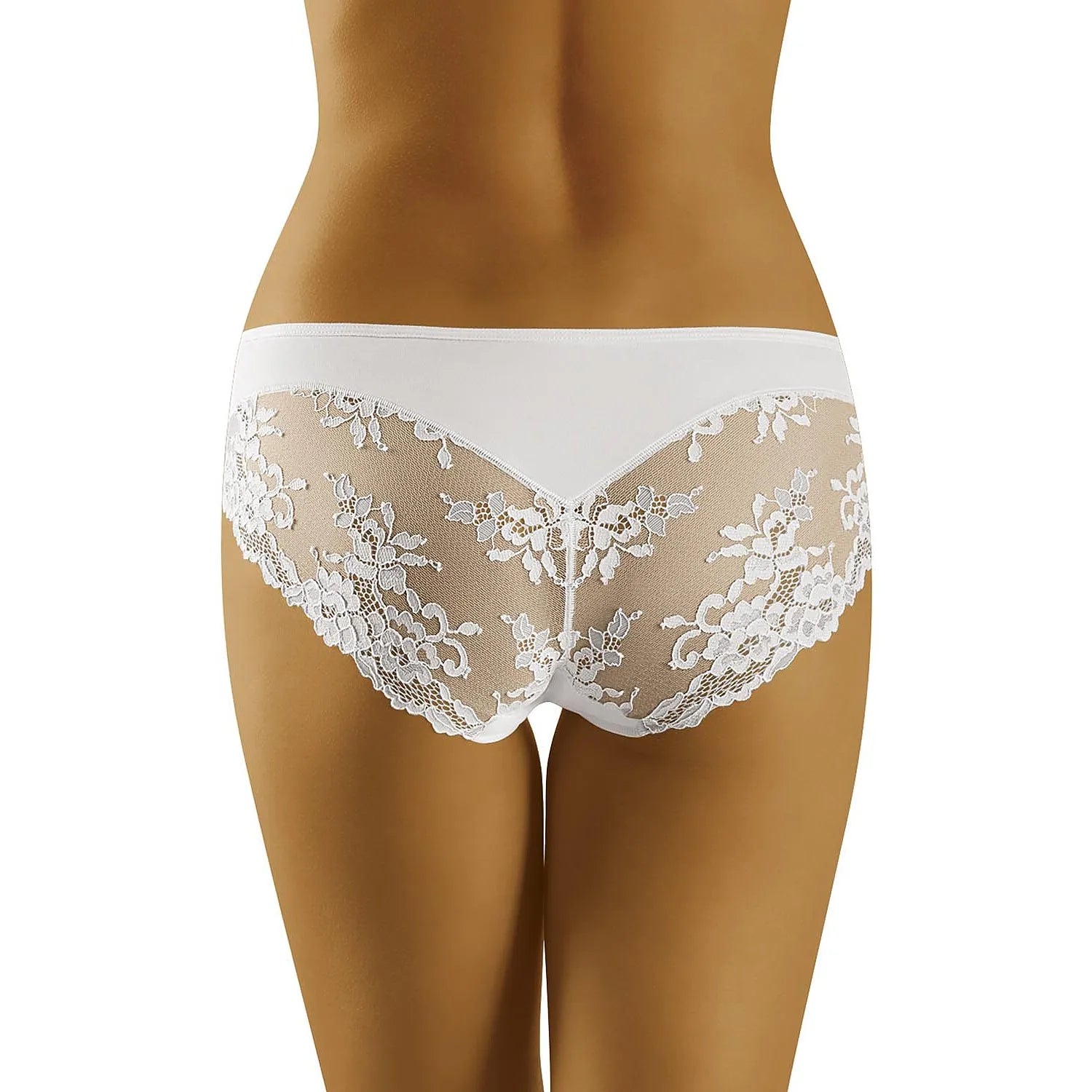 Culotte femme blanche en microfibre avec dentelle arrière romantique, confort seconde peau, modèle Wolbar 123516.