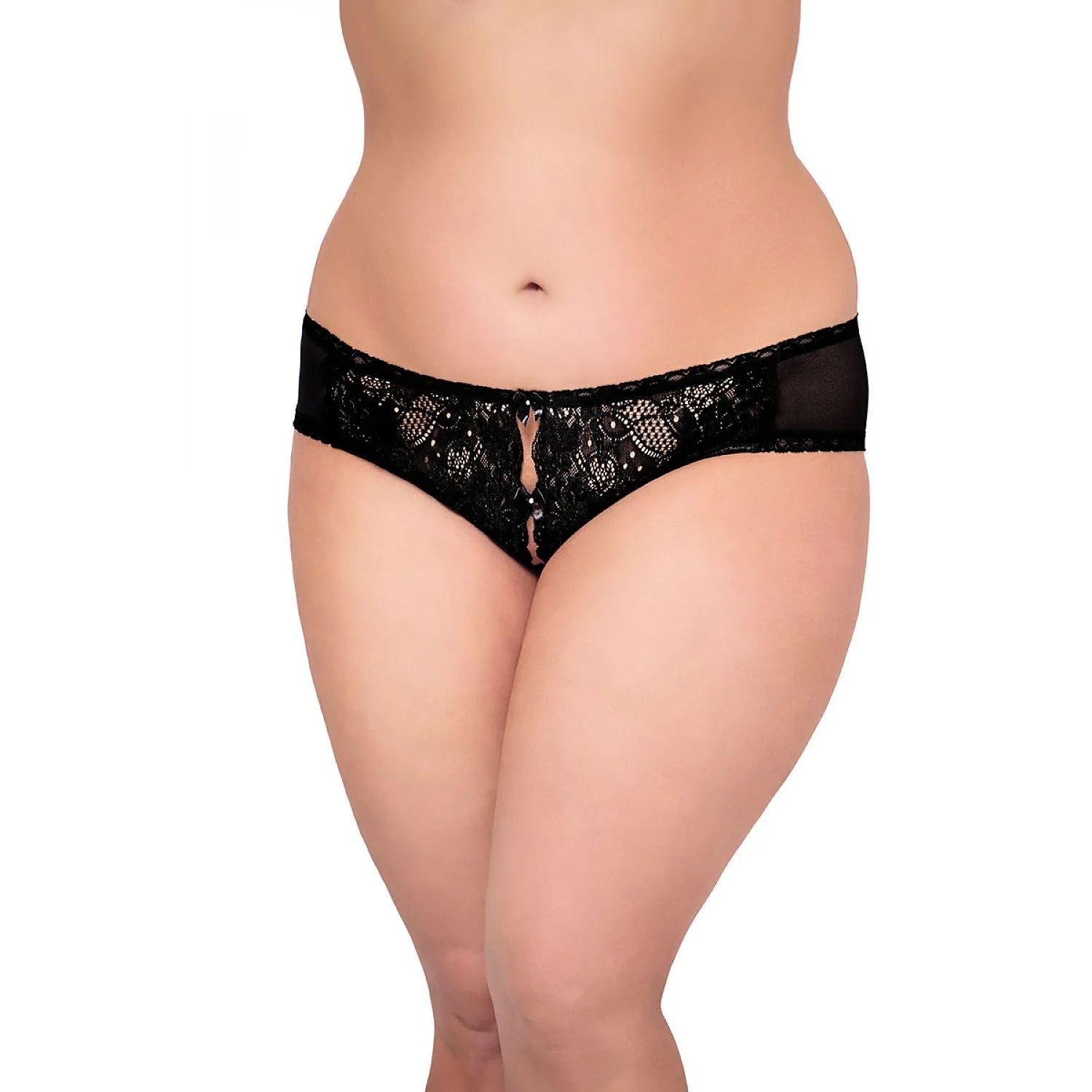 culotte dentelle noire ouverte florale échancrée fentes noeuds élastique polyamide douce légère érotique sensuelle grande taille XL XXL XXXL élégante