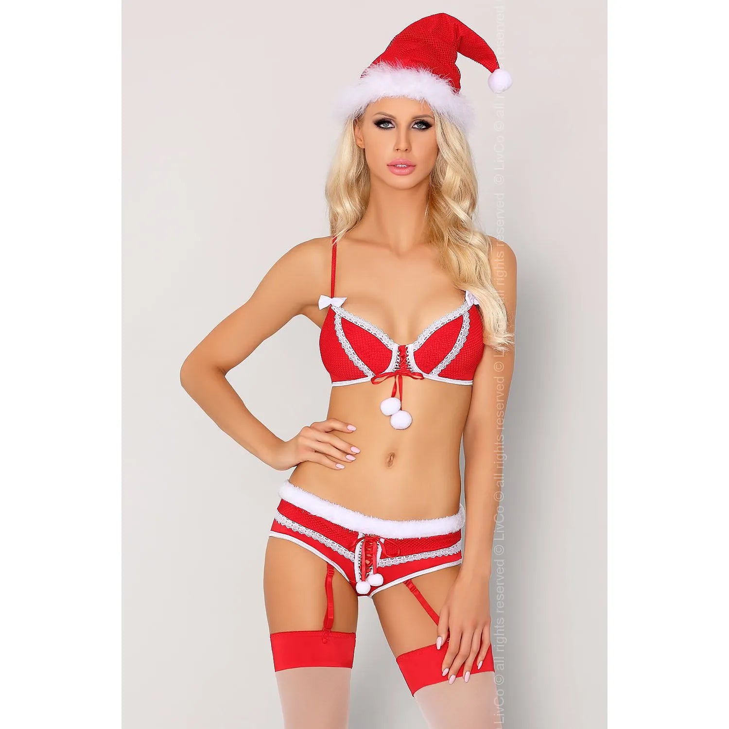 ensemble lingerie Noël blanc rouge pompons fourrure sexy séduisant glamour festif confortable extensible polyester élasthanne soutiengorge culotte bas bonnet crochets