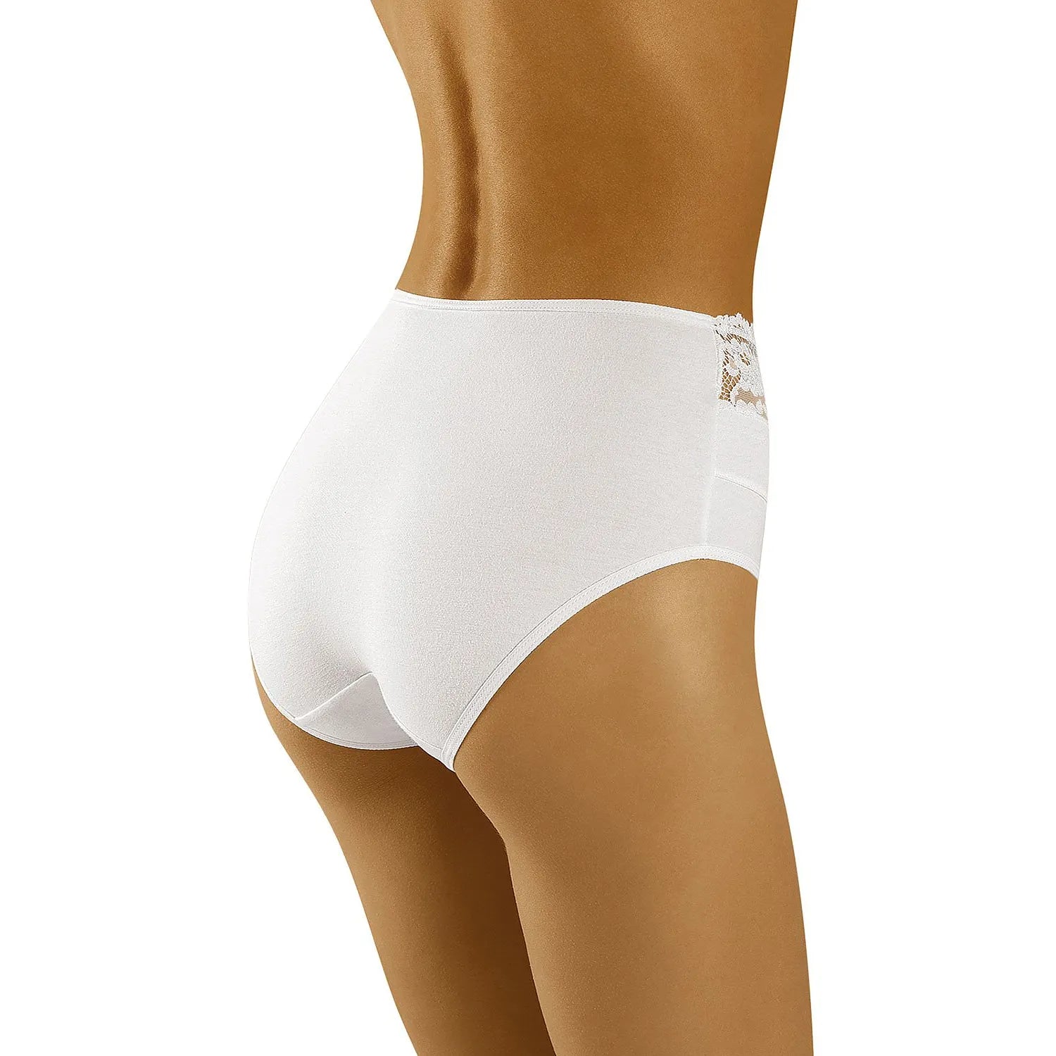 Culotte blanche en coton avec dentelle, coupe haute, grande taille, confort et élégance, vue arrière.