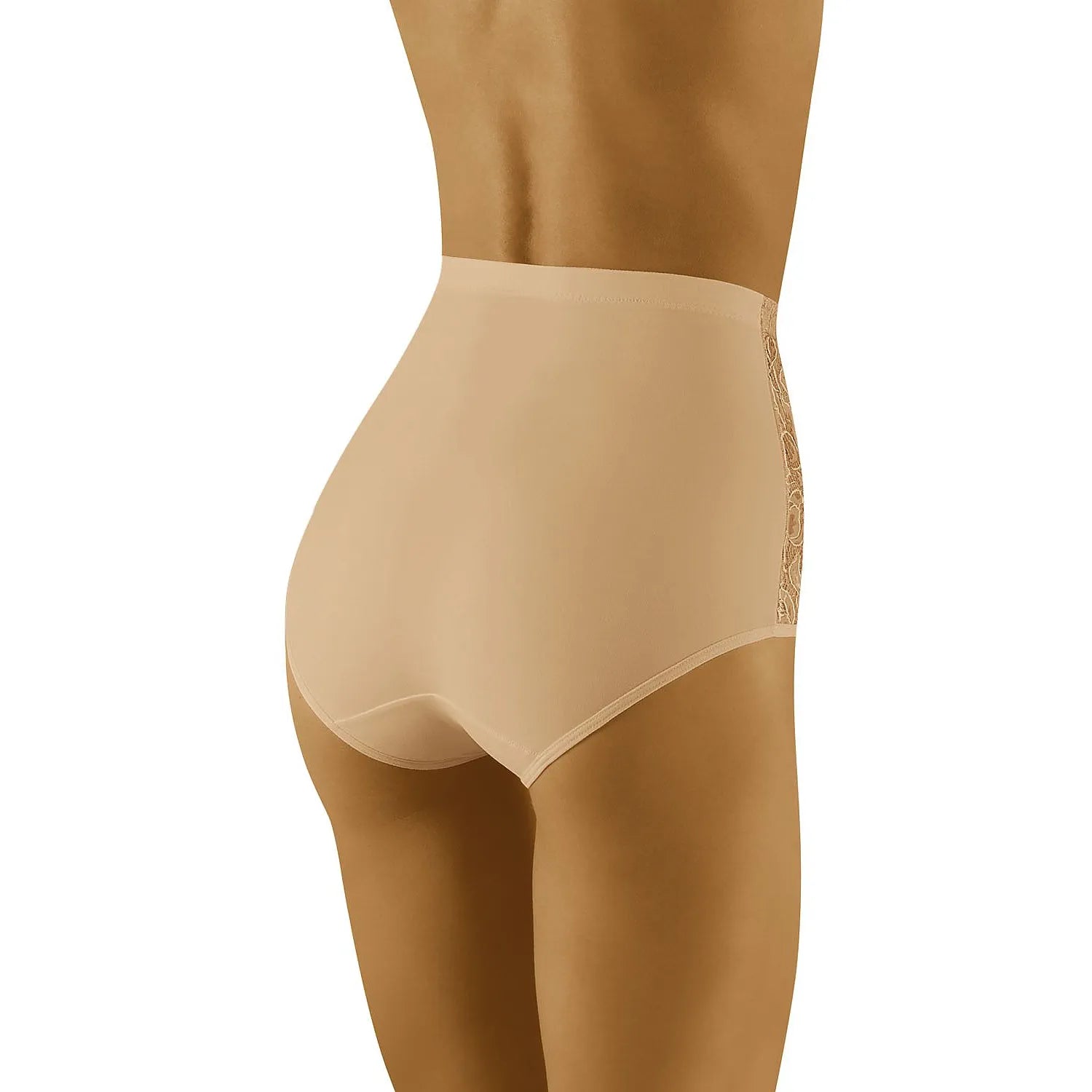 Culotte sculptante beige en dentelle silicone antiglisse, taille haute, élégante et confortable, vue arrière.