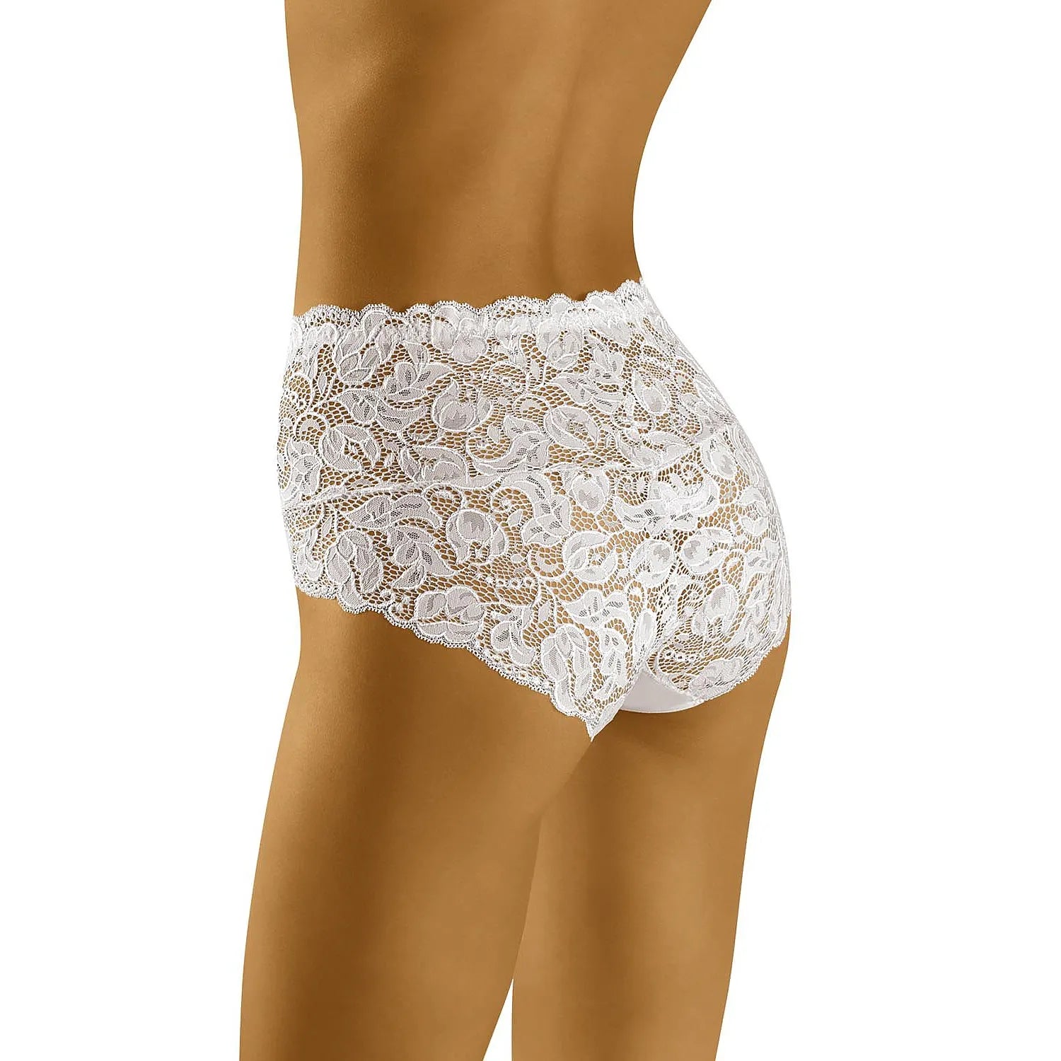Culotte dentelle blanche taille haute, dos lacets, soufflet coton, élégante et raffinée, sublimant la silhouette féminine.