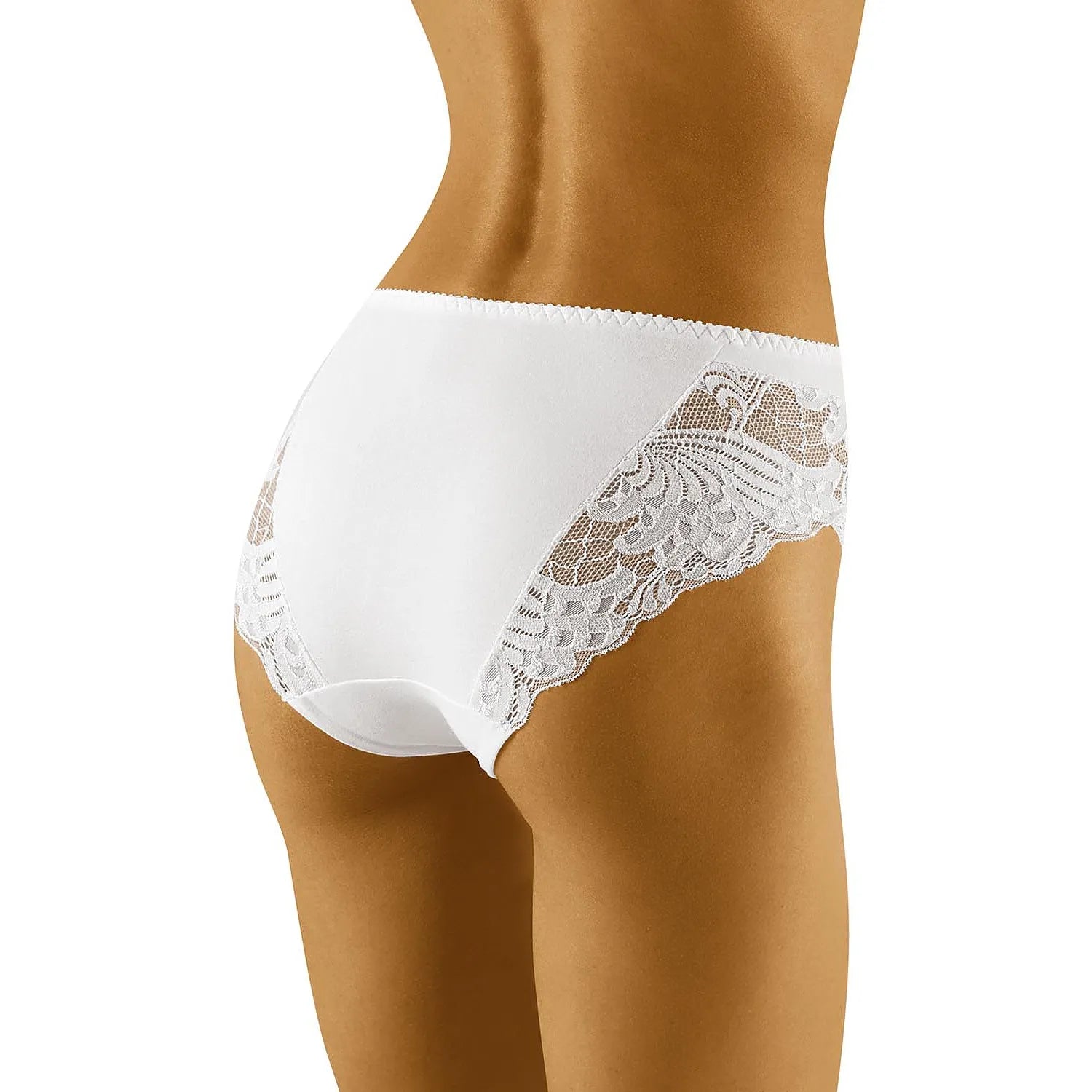 Culotte blanche taille haute en dentelle et coton Wolbar, inserts latéraux élégants, style féminin et sophistiqué.