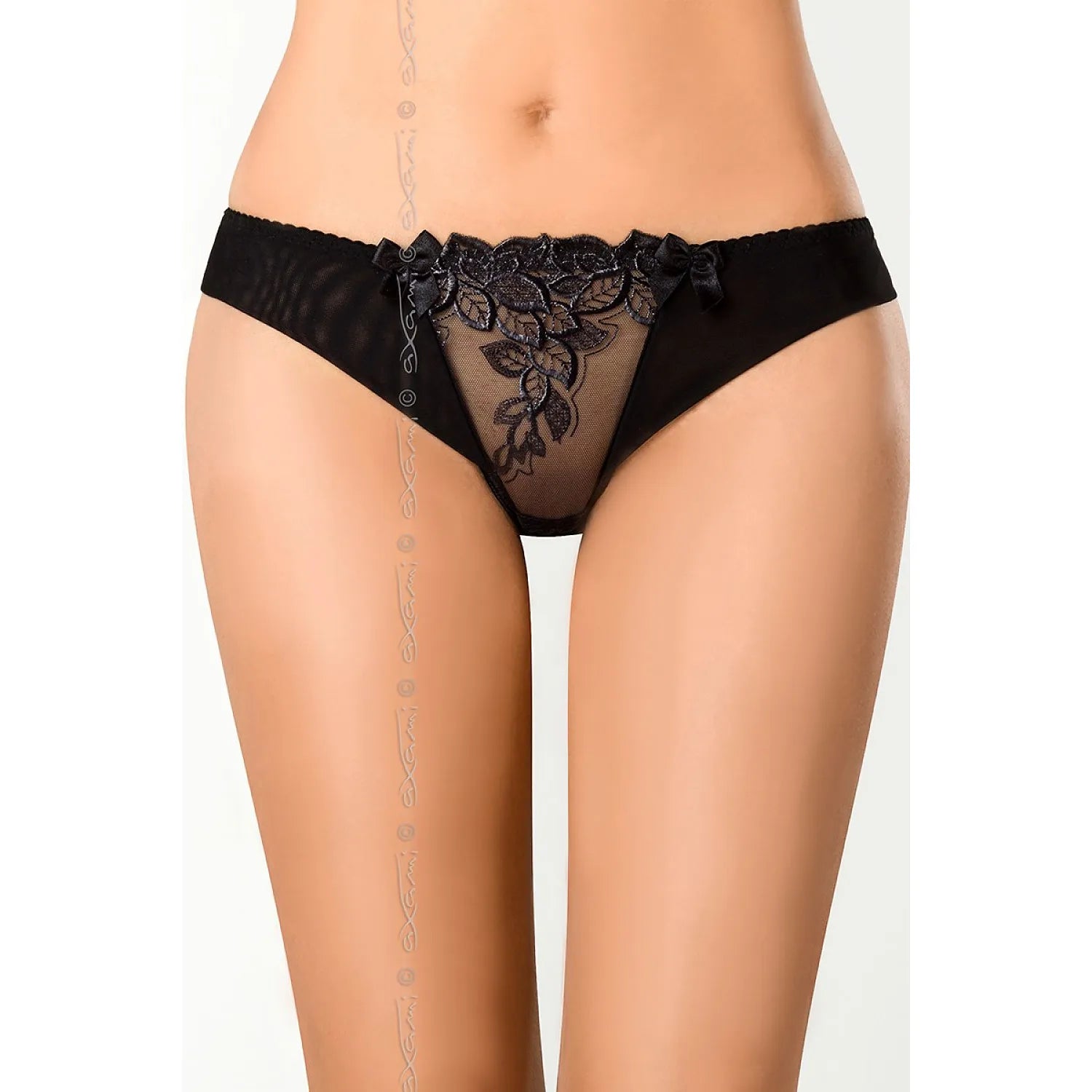 culotte dentelle noire maille semi transparente motif floral noeuds satin ceinture élastique confort ajustement sensuelle élégante raffinée Axami 126705