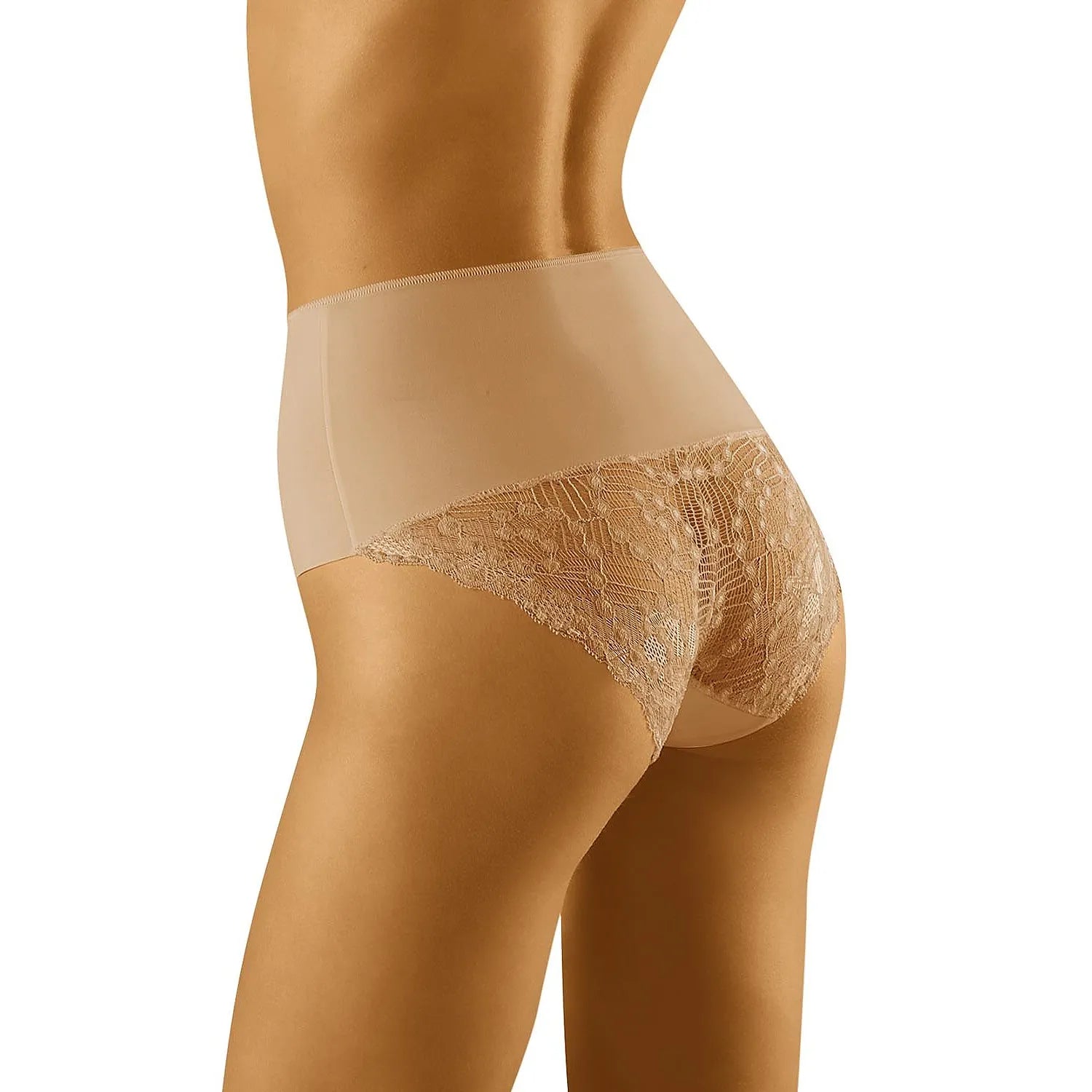 Culotte beige sculptante en dentelle, coutures plates, grande taille, confort extensible, découpe laser, élégance discrète.