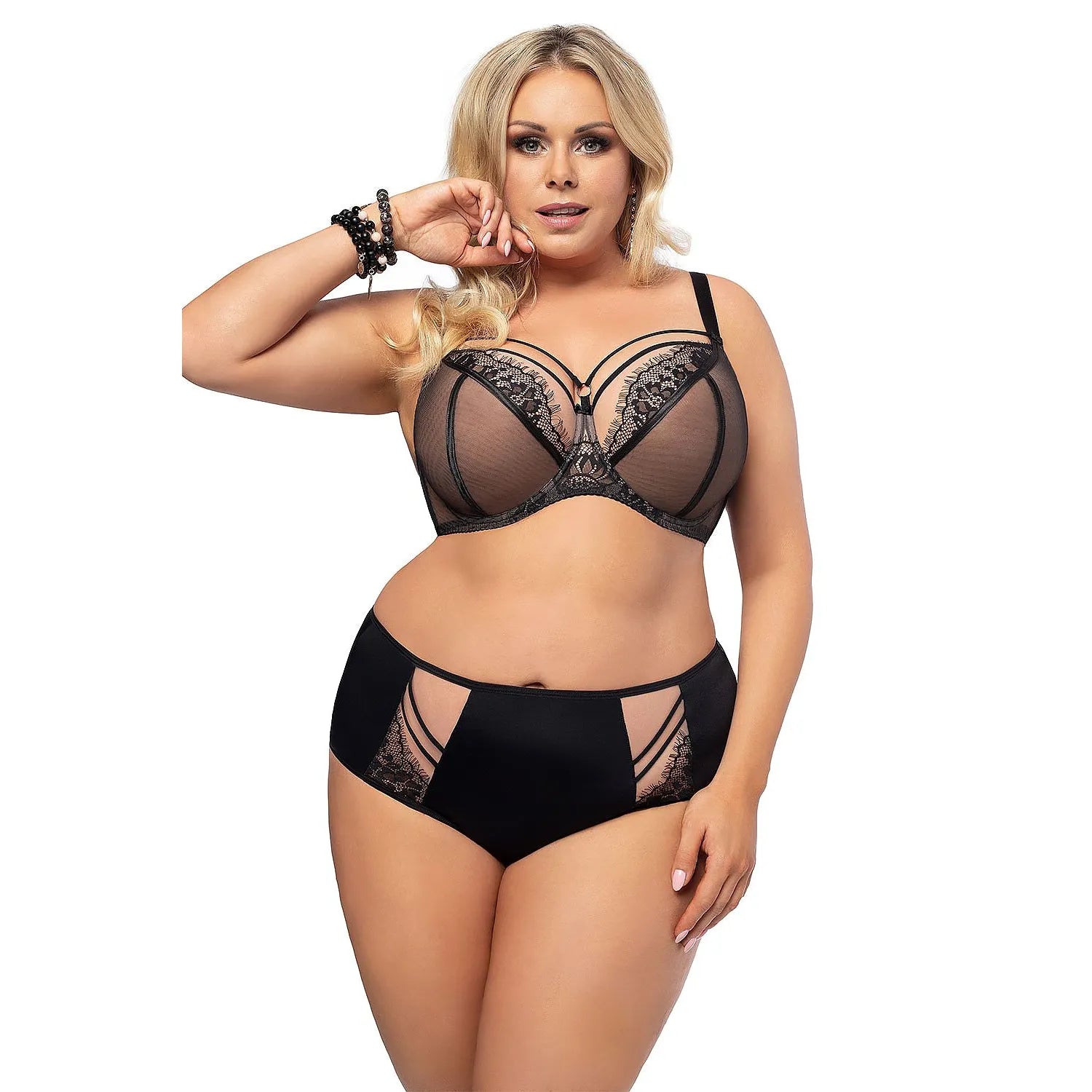 Culotte taille haute noire en dentelle et tulle beige, coupe amincissante, élégante et confortable, dos lisse.