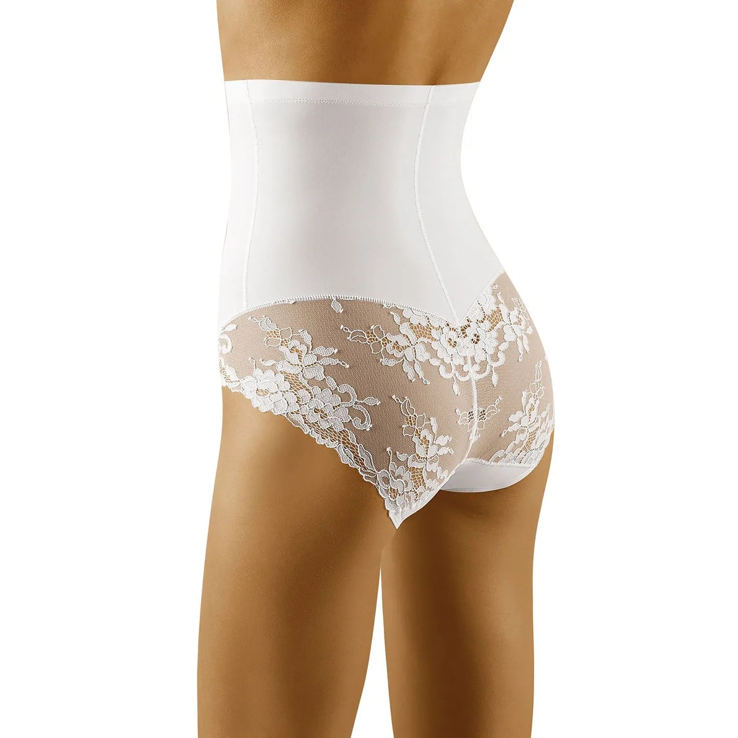 Culotte sculptante blanche taille haute, dentelle florale, bande silicone antiglisse, élégante et modelante Wolbar.