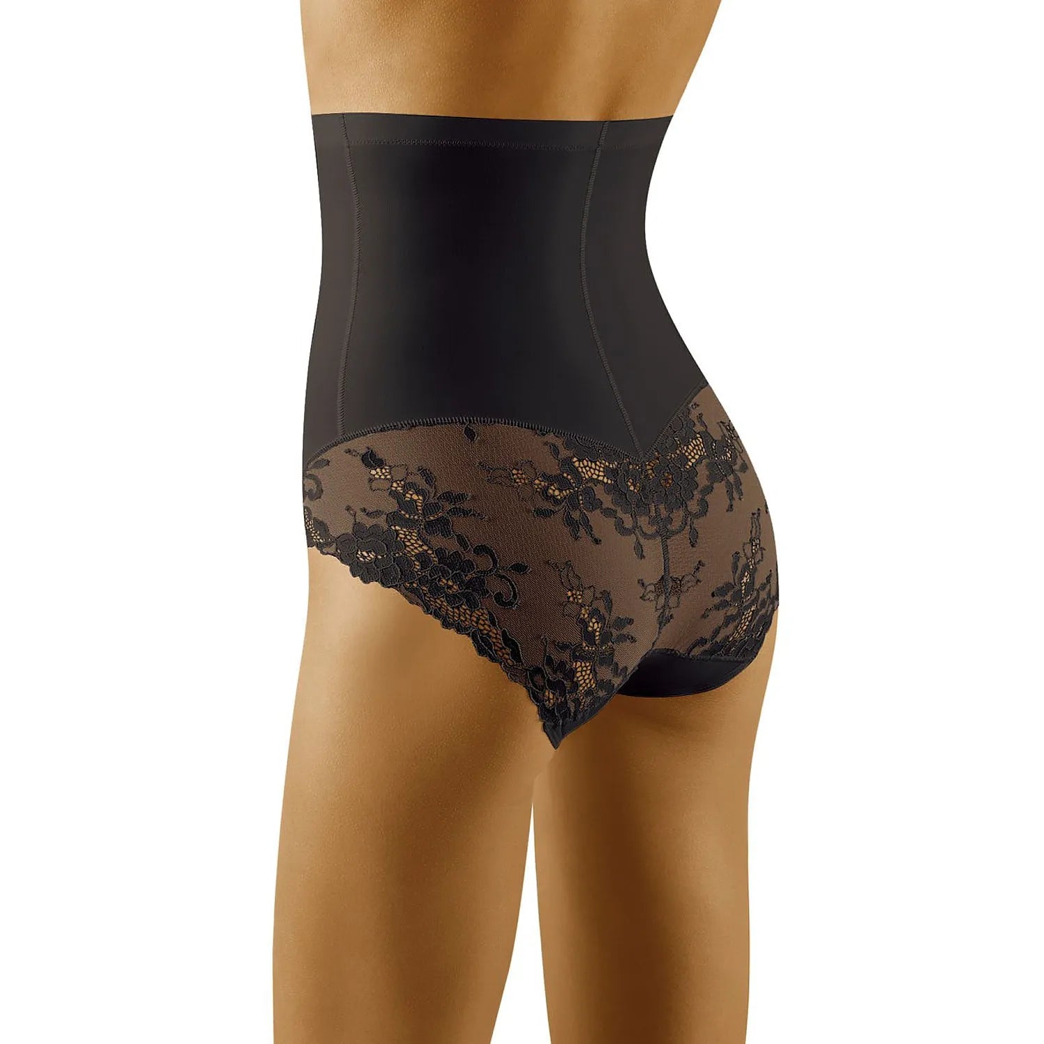 Culotte gainante noire taille haute en dentelle avec bande silicone antiglisse, design élégant et confortable.