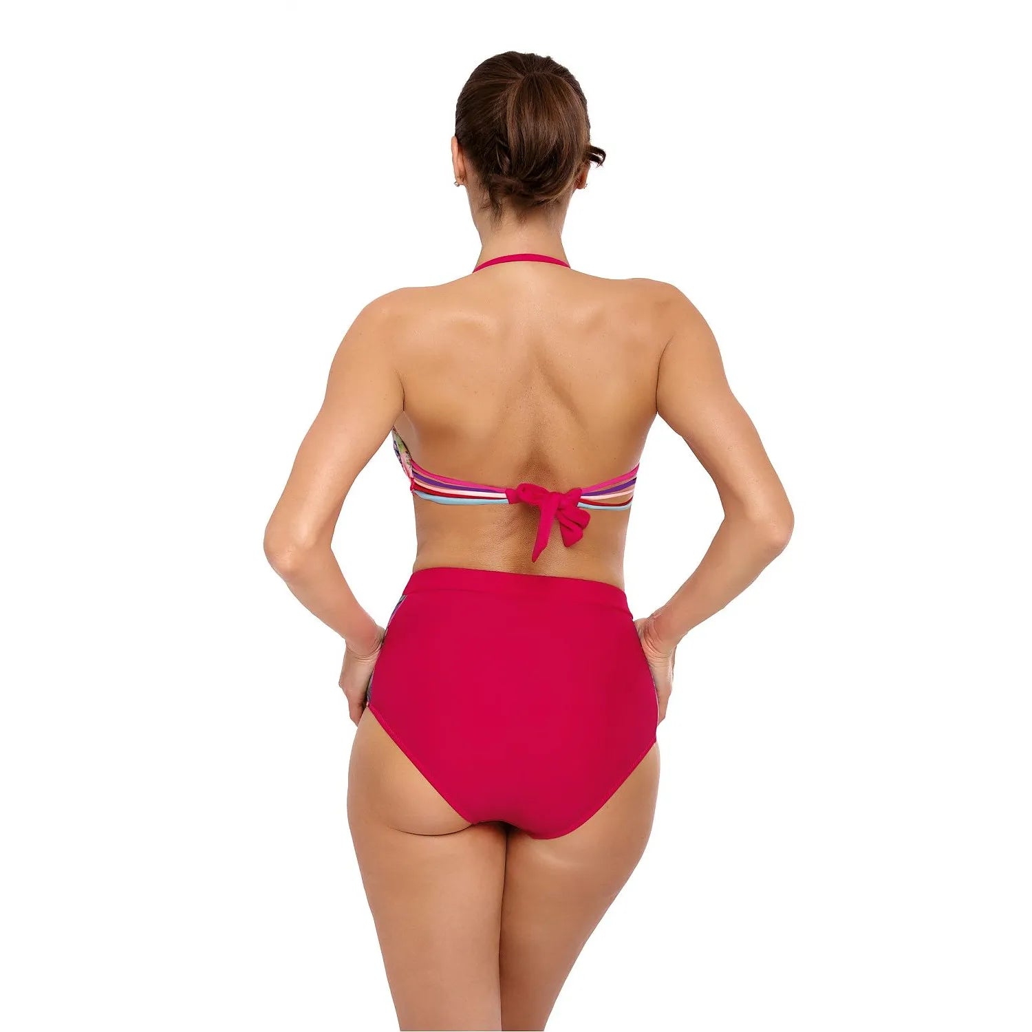 Bikini deux pièces Marko floral multicolore, top bandeau à bretelles détachables, taille haute, style rétro moderne.