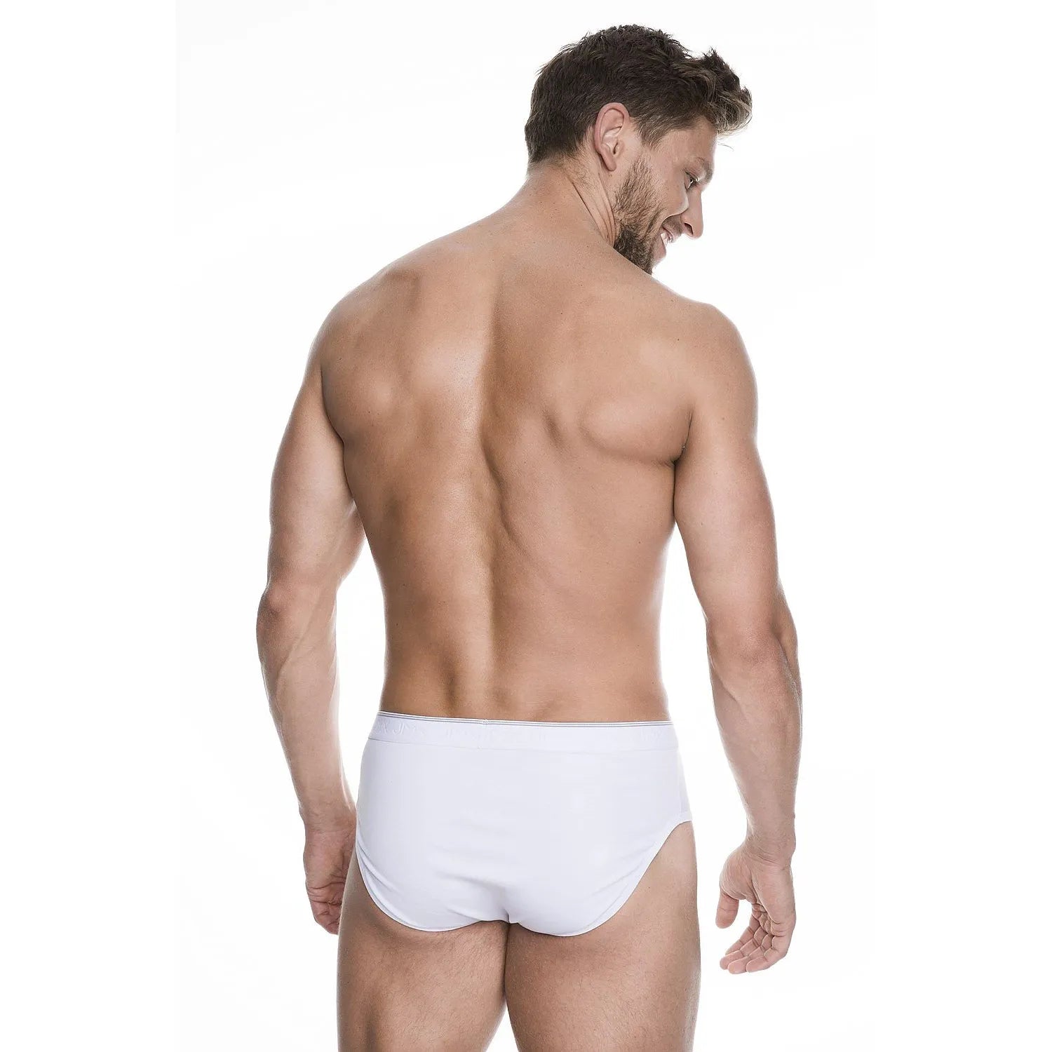 Boxer homme blanc Julimex 139407 en coton élasthanne, coupe moderne, confortable, vue arrière sur mannequin.
