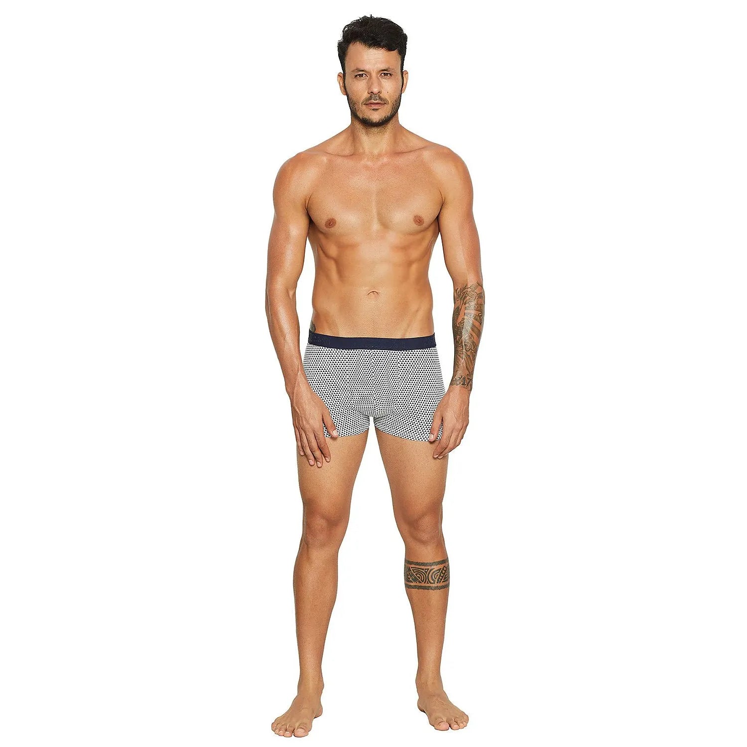 Boxer Homme Motif Géométrique Blanc Noir Coton Élasthanne Extensible Ceinture Élastique Confort Respirant Taille Standard Coutures Discrètes Pieds Sans Pression
