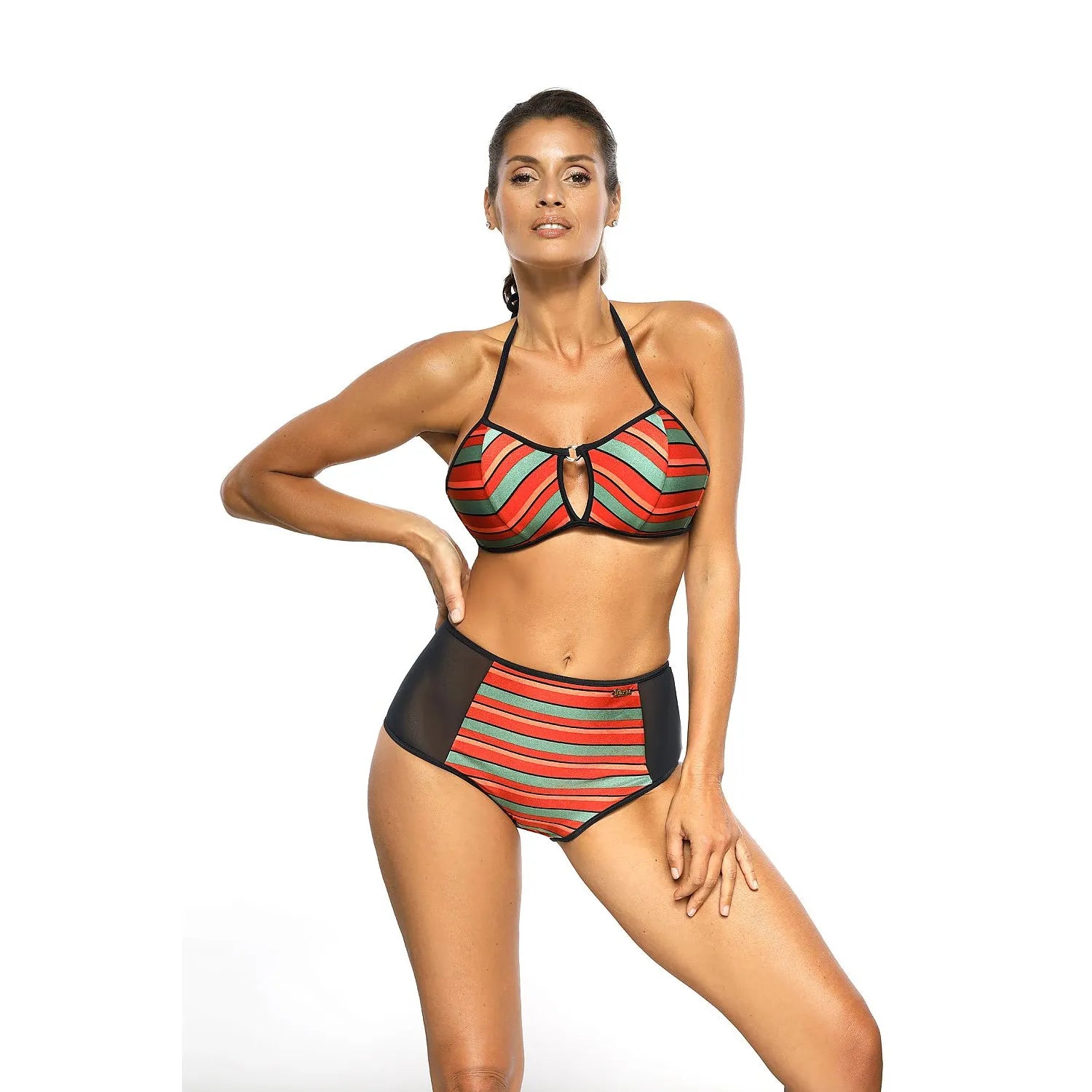 Bikini rétro deux pièces Marko rayé rouge, orange, noir, bretelles ajustables, tissu italien perlé, coupe flatteuse.