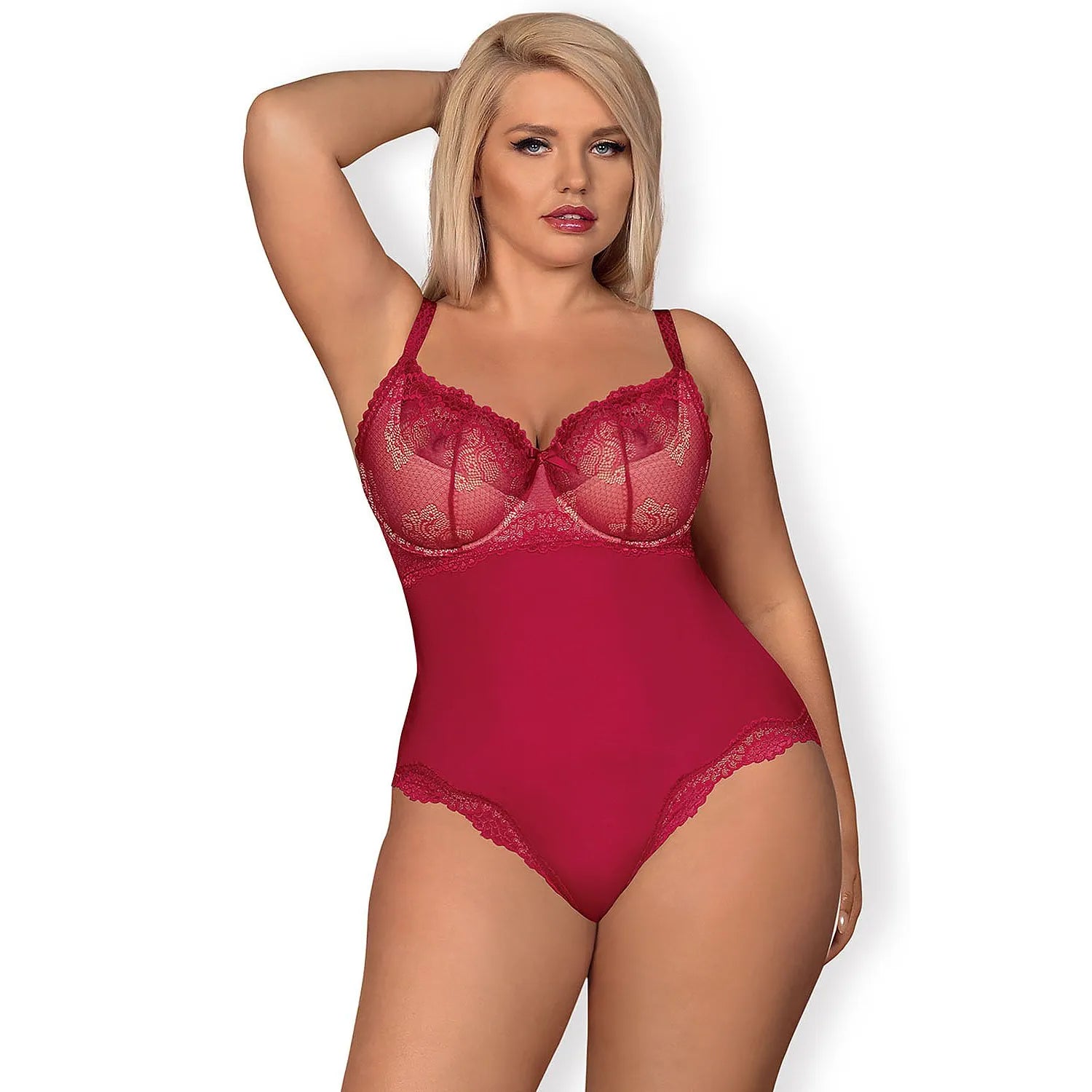 Body sensuel rouge foncé Obsessive, bretelles réglables, bonnets rembourrés, dentelle élégante, ajustement parfait.