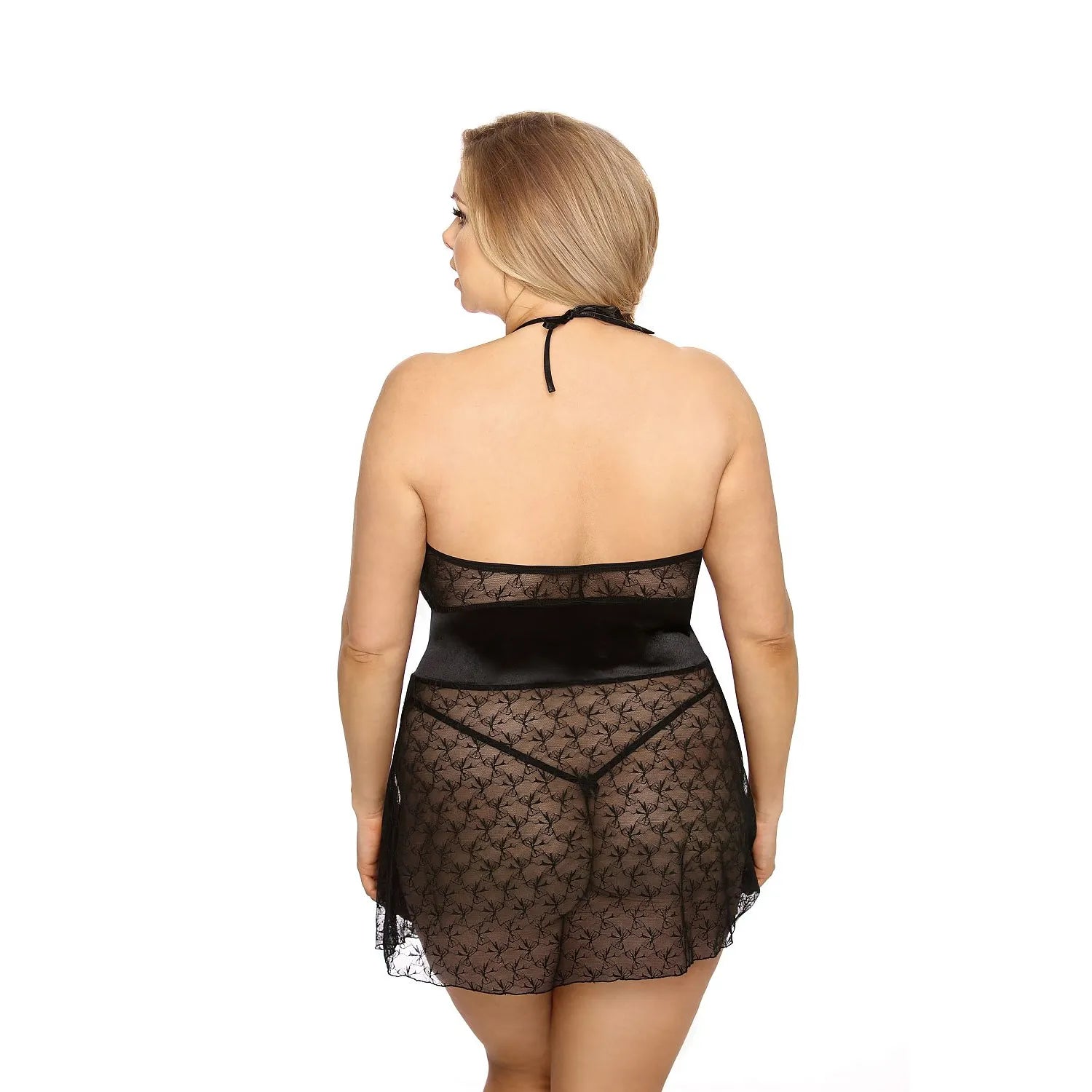 Chemise de nuit noire en dentelle avec lacets, bretelles et attache nuque, string inclus, élégance sensuelle.