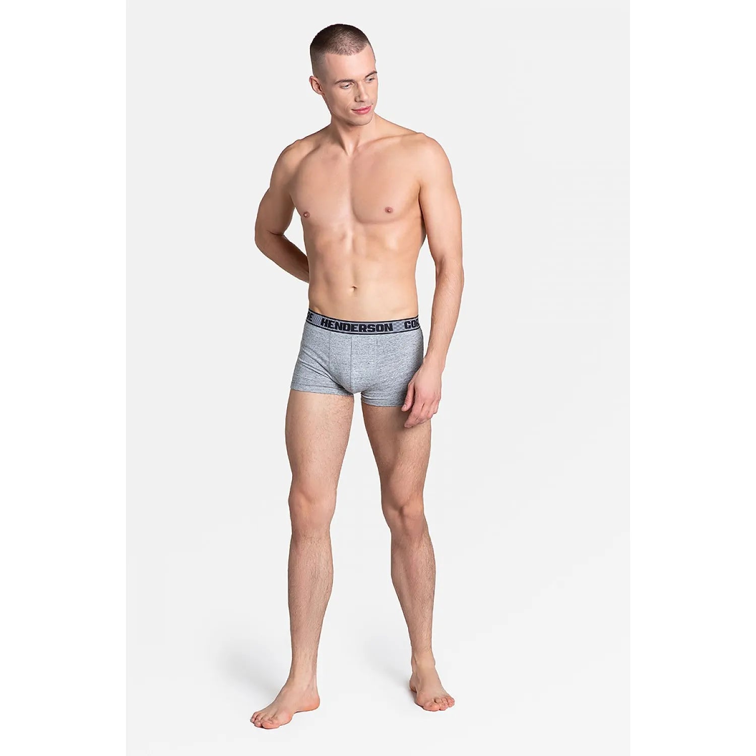 Boxer homme Henderson noir et gris, ceinture élastique bleue, couture discrète, maintien anatomique, confort coton.