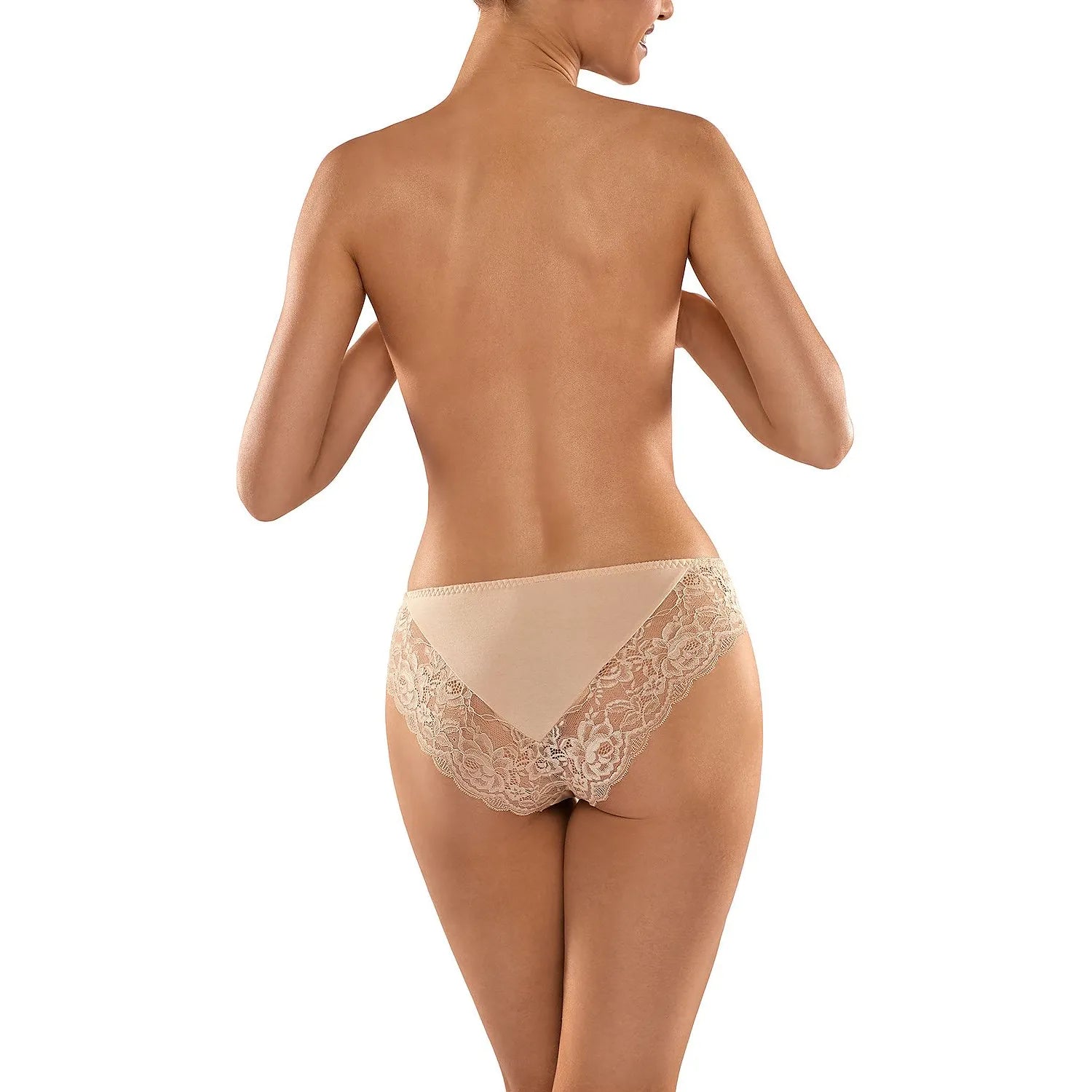 Culotte string Babell beige, dentelle florale, taille haute, design minimaliste et féminin, microfibre élasthanne.