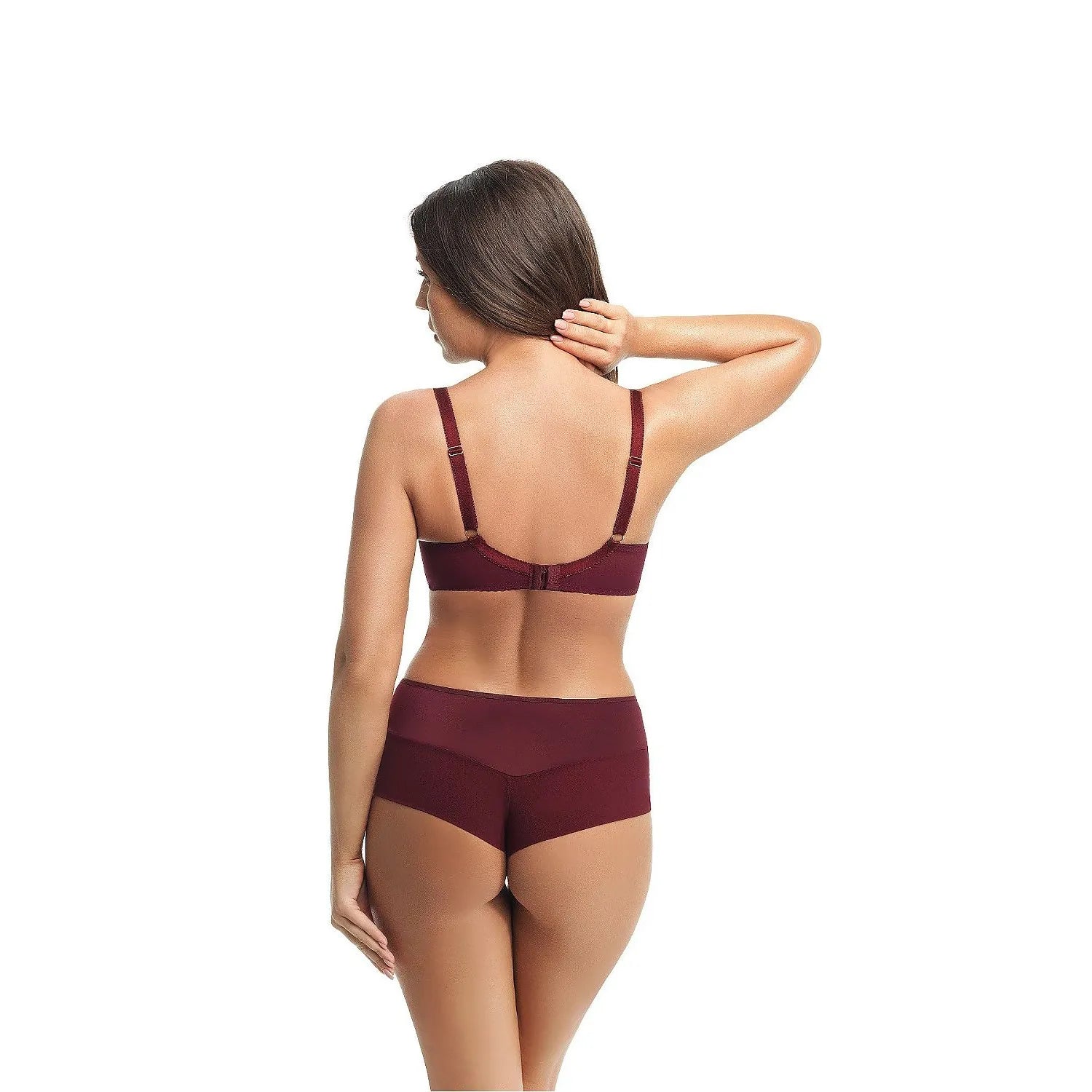 Ensemble lingerie bordeaux en dentelle et tulle, soutien-gorge à armatures, culotte taille haute, motifs floraux élégants.