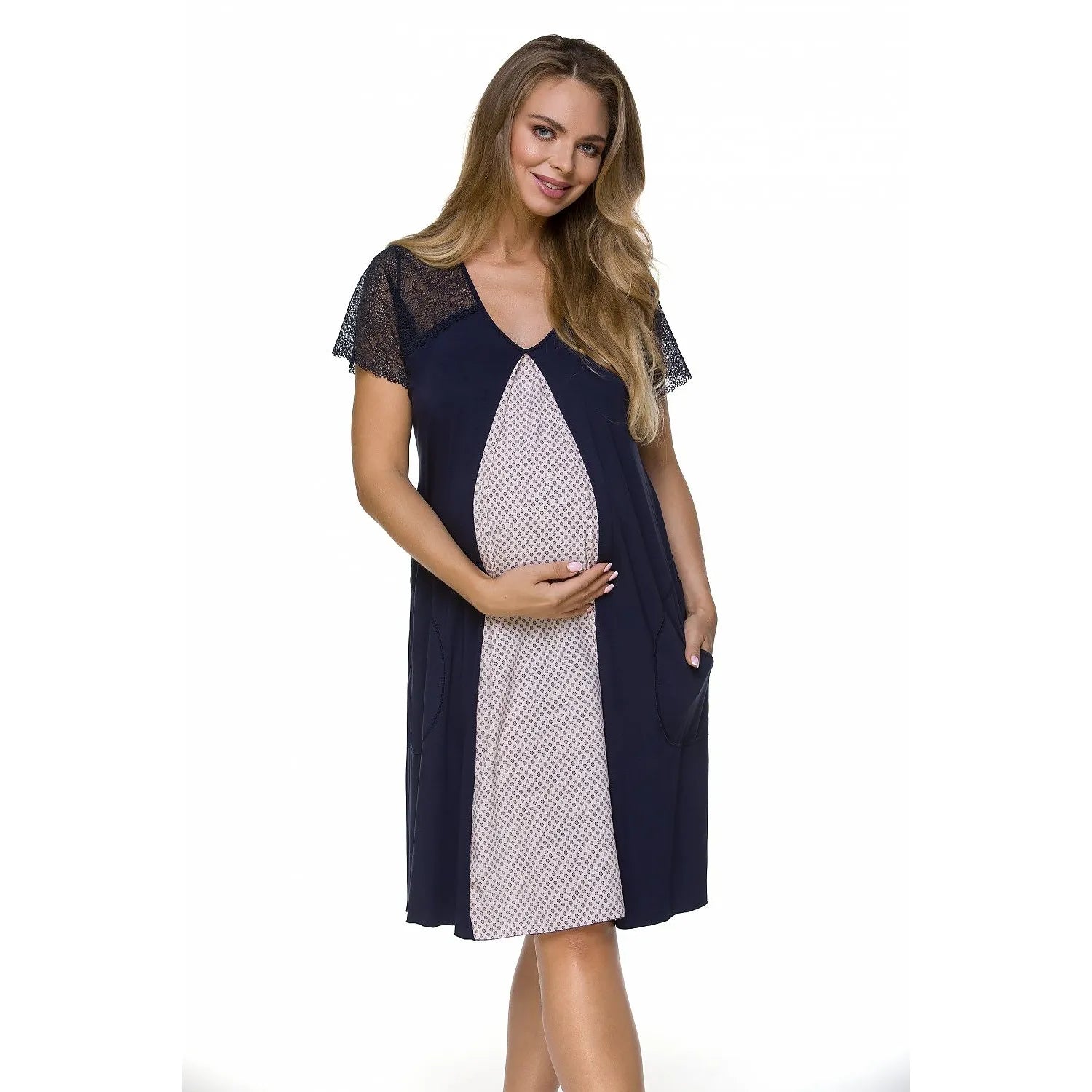 Chemise de nuit maternité confortable dentelle courts manches insert viscose poches latérales适应 grossesse allaitement nuit