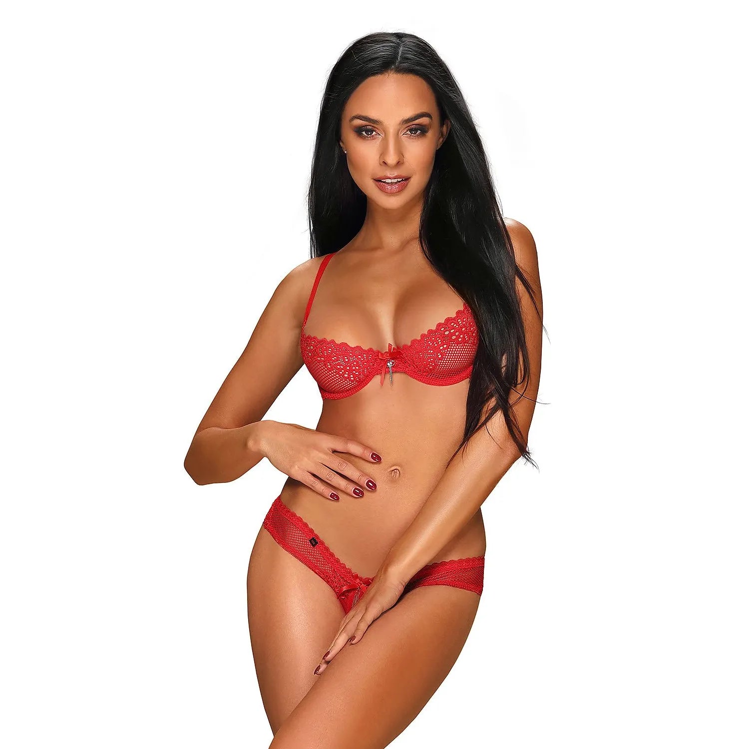 Ensemble lingerie dentelle rouge intense sensuelle audacieux soutien gorge semi ouvert string doux érotique confortable