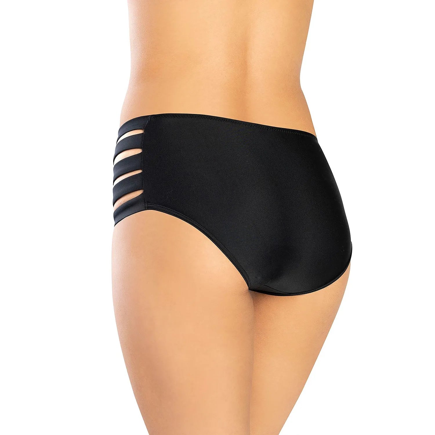 Culotte nageur noire taille haute, bandes latérales ajourées, tissu italien élasthanne polyamide, design moderne et sexy.